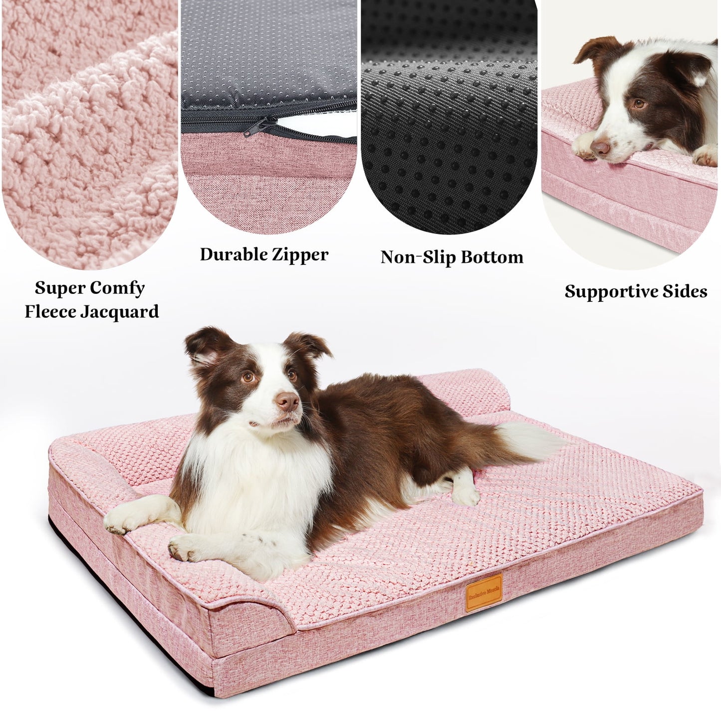 Exclusivo Mezcla Jacquard Orthopedic Pet Bed for Median Dogs, 36"X24" Waterproof L Shaped Dog Bed with Washable Cover, Pink
