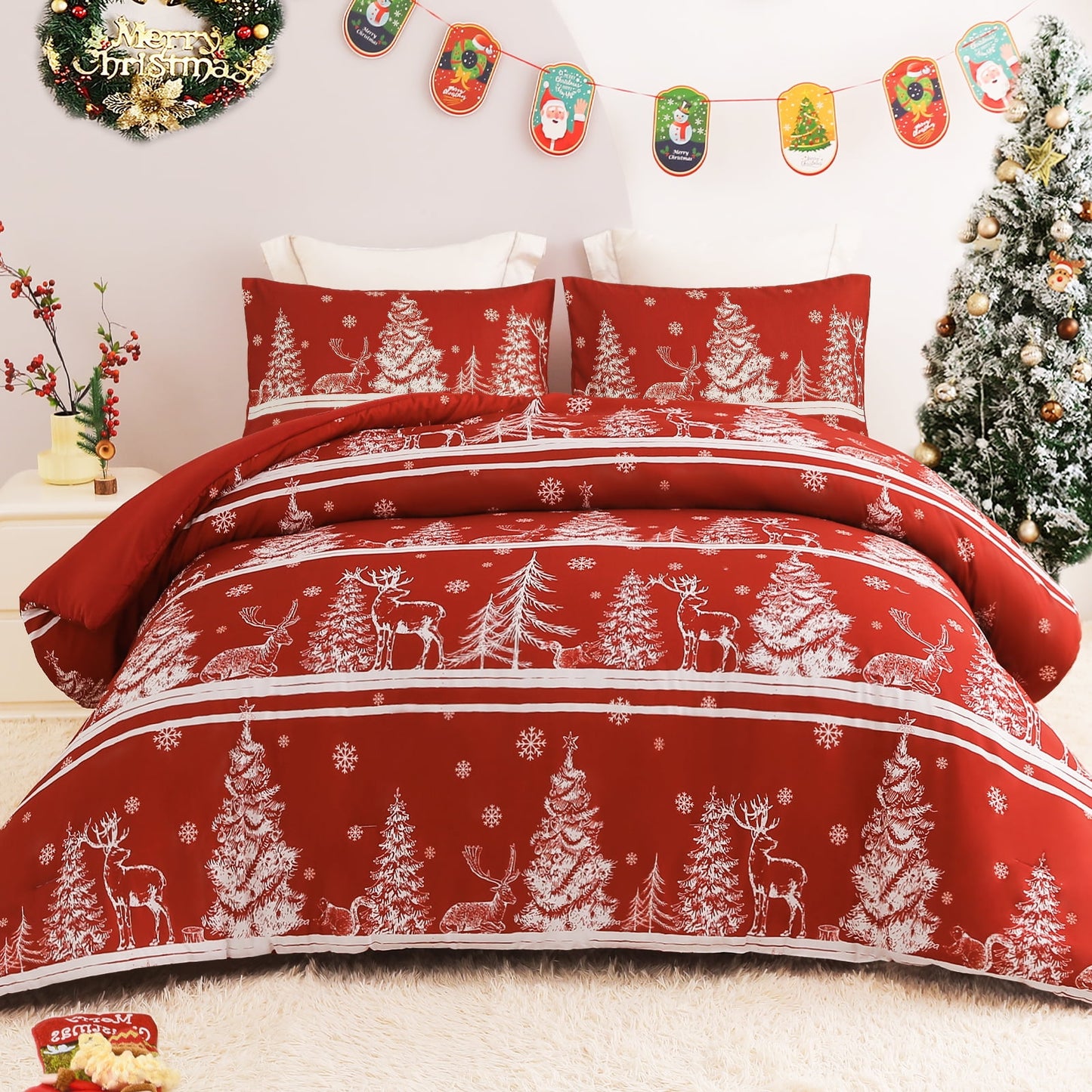 Exclusivo Mezcla Christmas Comforter Set Queen Size, Reversible Rust Red Striped Down Alternative Comforter Sets, Printed with Christmas Trees Snowflakes Pattern, for Holiday Decoration and Gifts