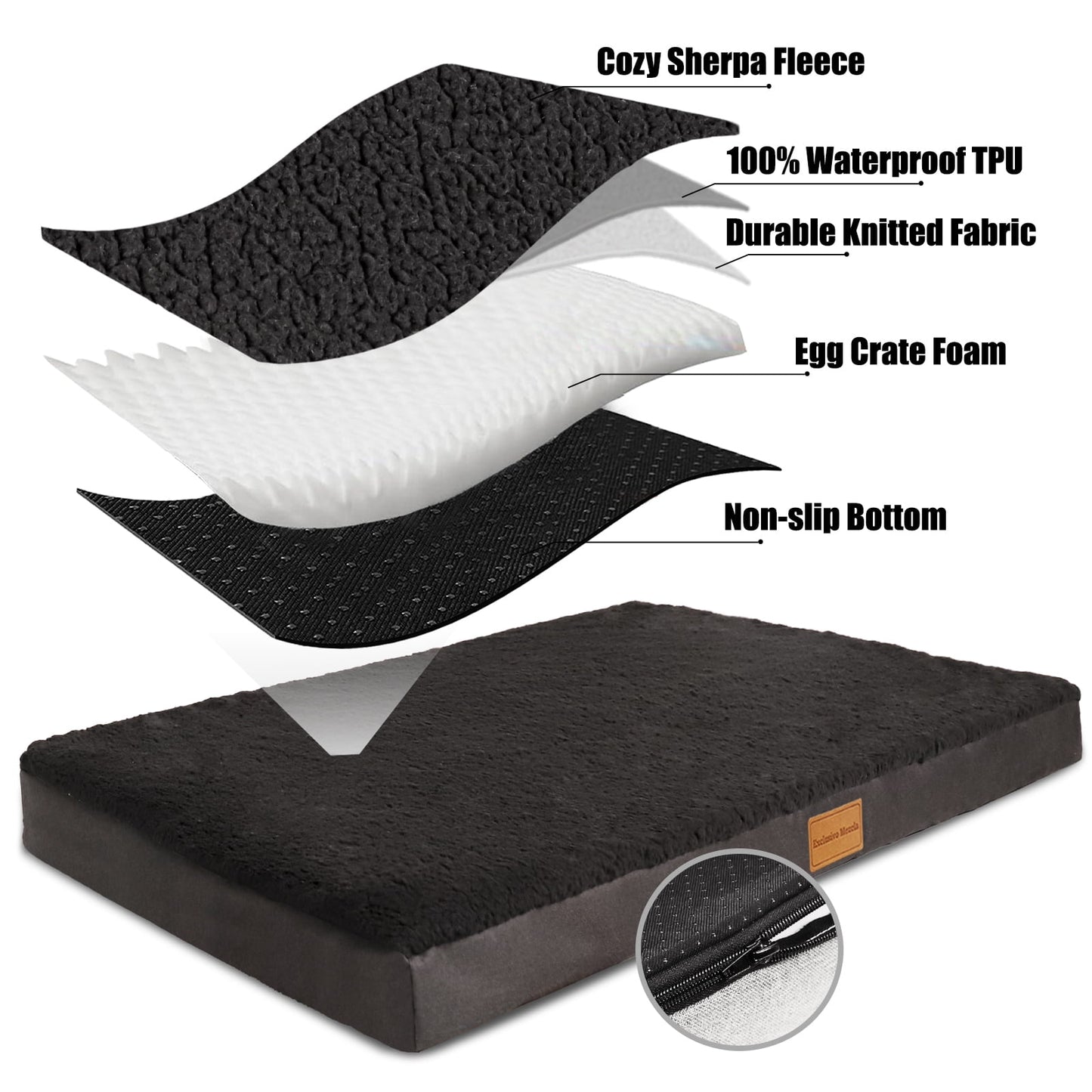 Exclusivo Mezcla Orthopedic Pet Bed for Large Dogs 42"X28", Waterproof Dog Beds with Removable Washable Cover, Black