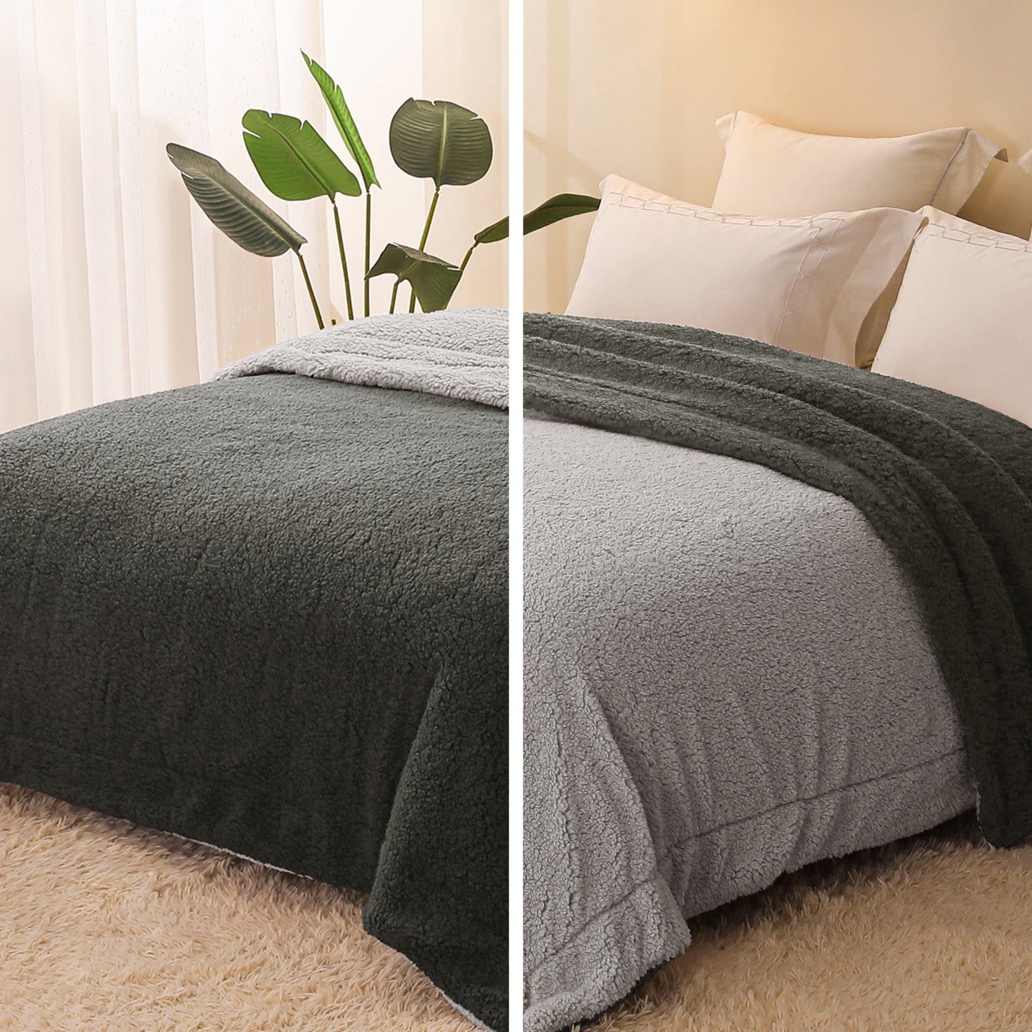 Exclusivo Mezcla King Size Reversible Sherpa Fleece Blanket, Soft Plush Blanket for Bed Sofa, Warm Fluffy Blankets for All Season, 90x104 Inches, Dark Grey/ Light Grey