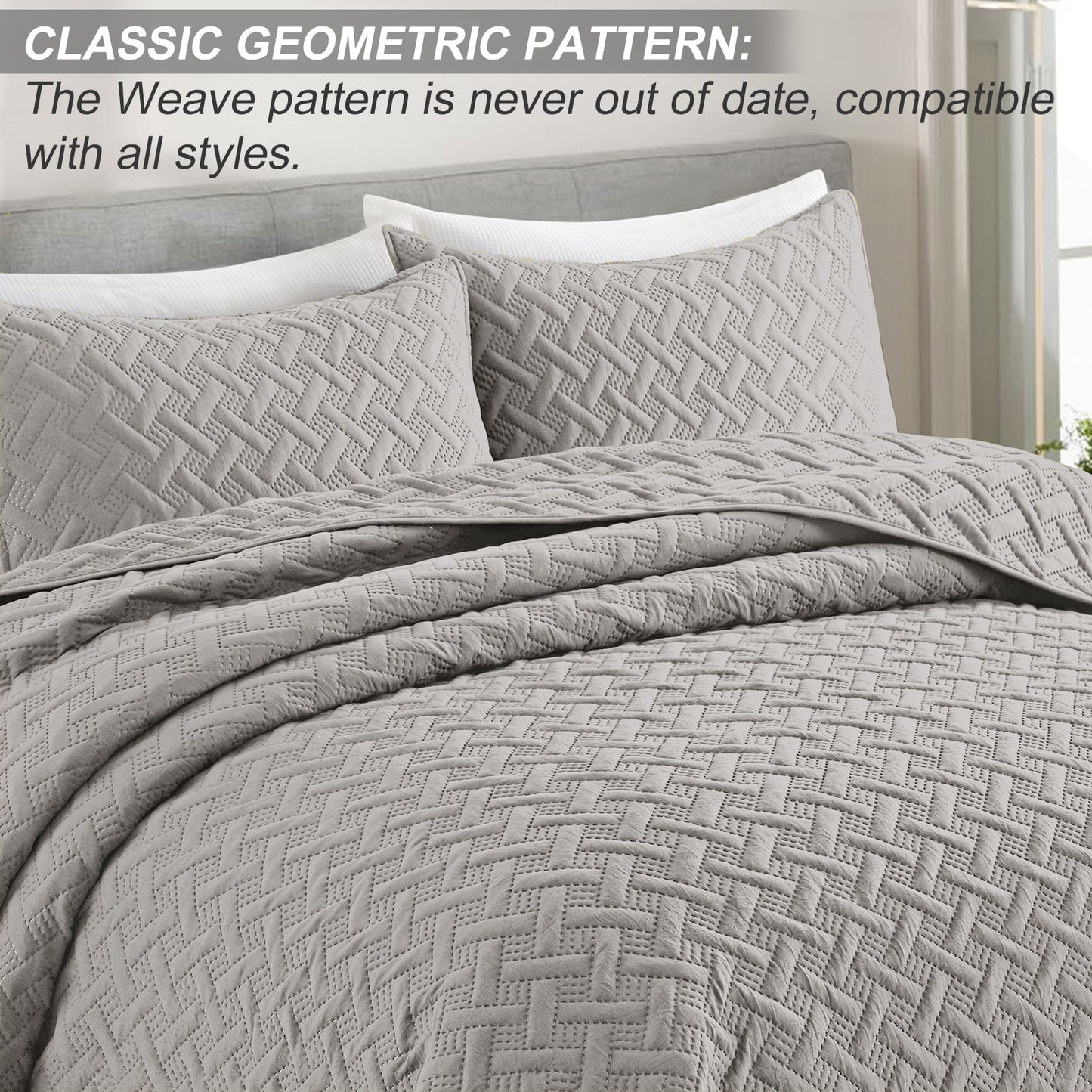 Exclusivo Mezcla 3-Piece Light Gray King Size Quilt Set, Weave Pattern Ultrasonic Lightweight and Soft Quilts/Bedspreads/Coverlets/Bedding Set (1 Quilt, 2 Pillow Shams) for All Seasons