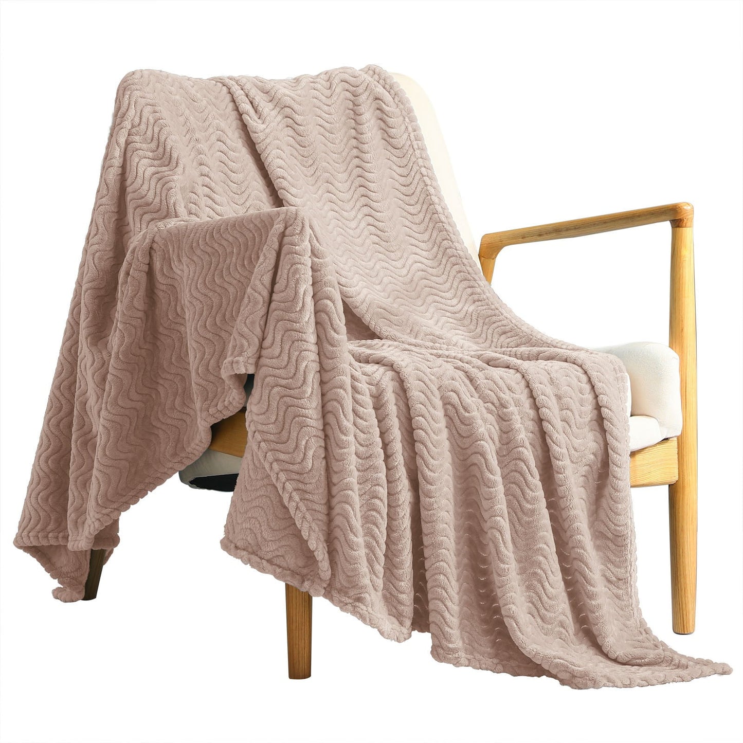 Exclusivo Mezcla Large Flannel Fleece Throw Blanket, 50x70 Inches Soft Jacquard Weave Wave Pattern Blanket for Couch, Cozy, Warm, Lightweight and Decorative Camel Blanket