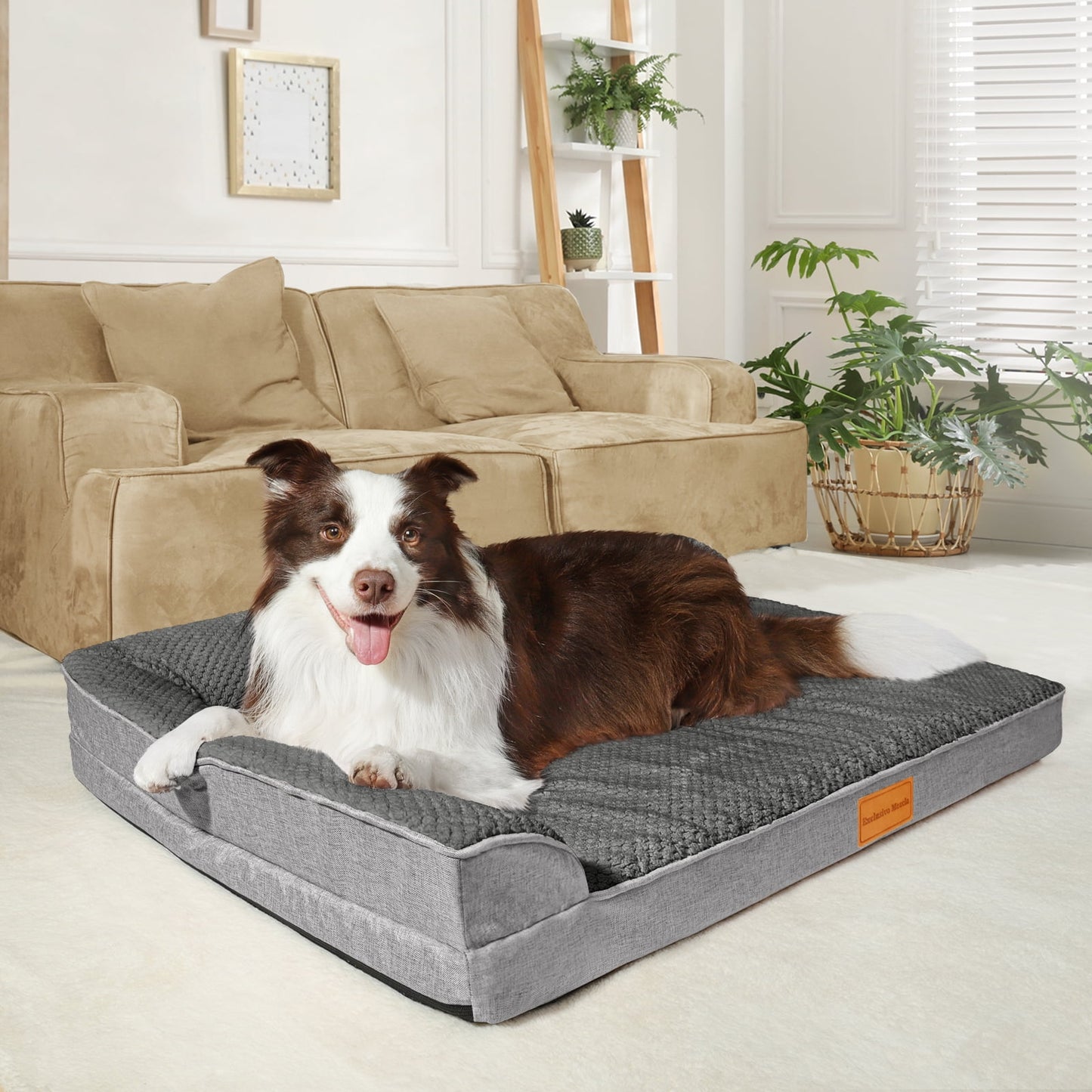 Exclusivo Mezcla Jacquard Orthopedic Pet Bed for Extra Large Dogs, 48"X30" Waterproof L Shaped Dog Bed with Washable Cover, Grey