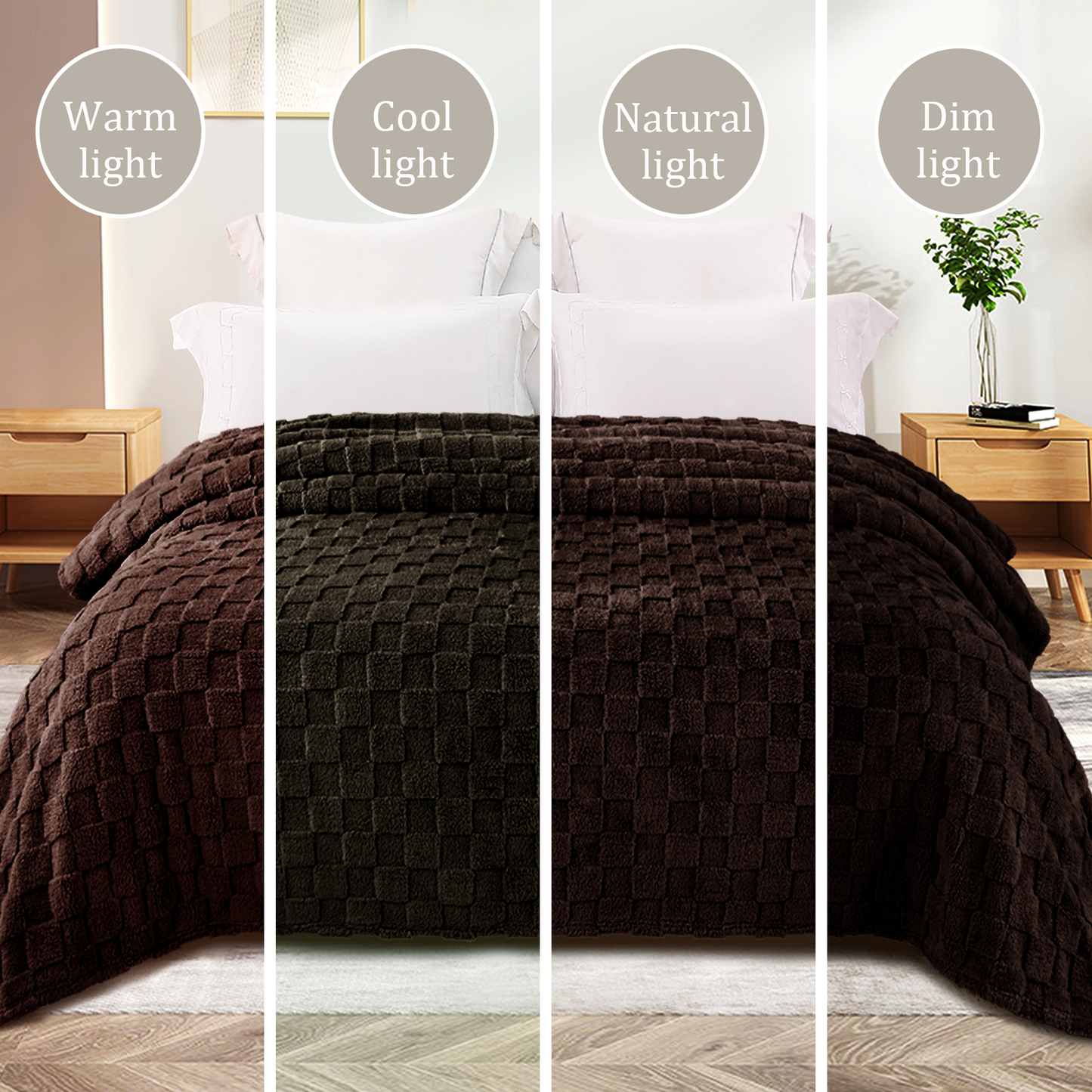 Exclusivo Mezcla Fleece Throw Blanket for Couch, Super Soft 3D Checkered Jacquard Bed Blanket, Cozy Fluffy Lightweight Blanket for All Seasons, 50x60 Inches, Coffee Blanket