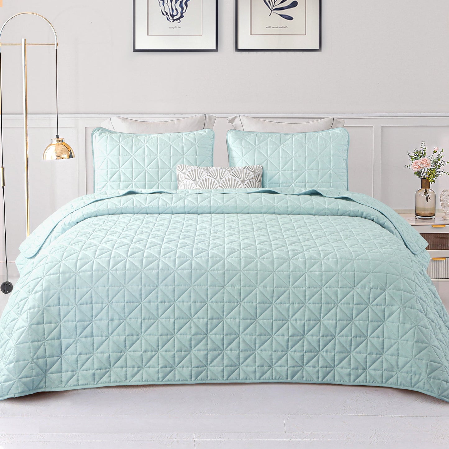Exclusivo Mezcla Twin Quilt Bedding Set for All Seasons, Lightweight Soft Spa Blue Quilts Twin Size Bedspreads Coverlets Bed Cover with Geometric Stitched Pattern, (1 Quilt, 1 Pillow Sham)