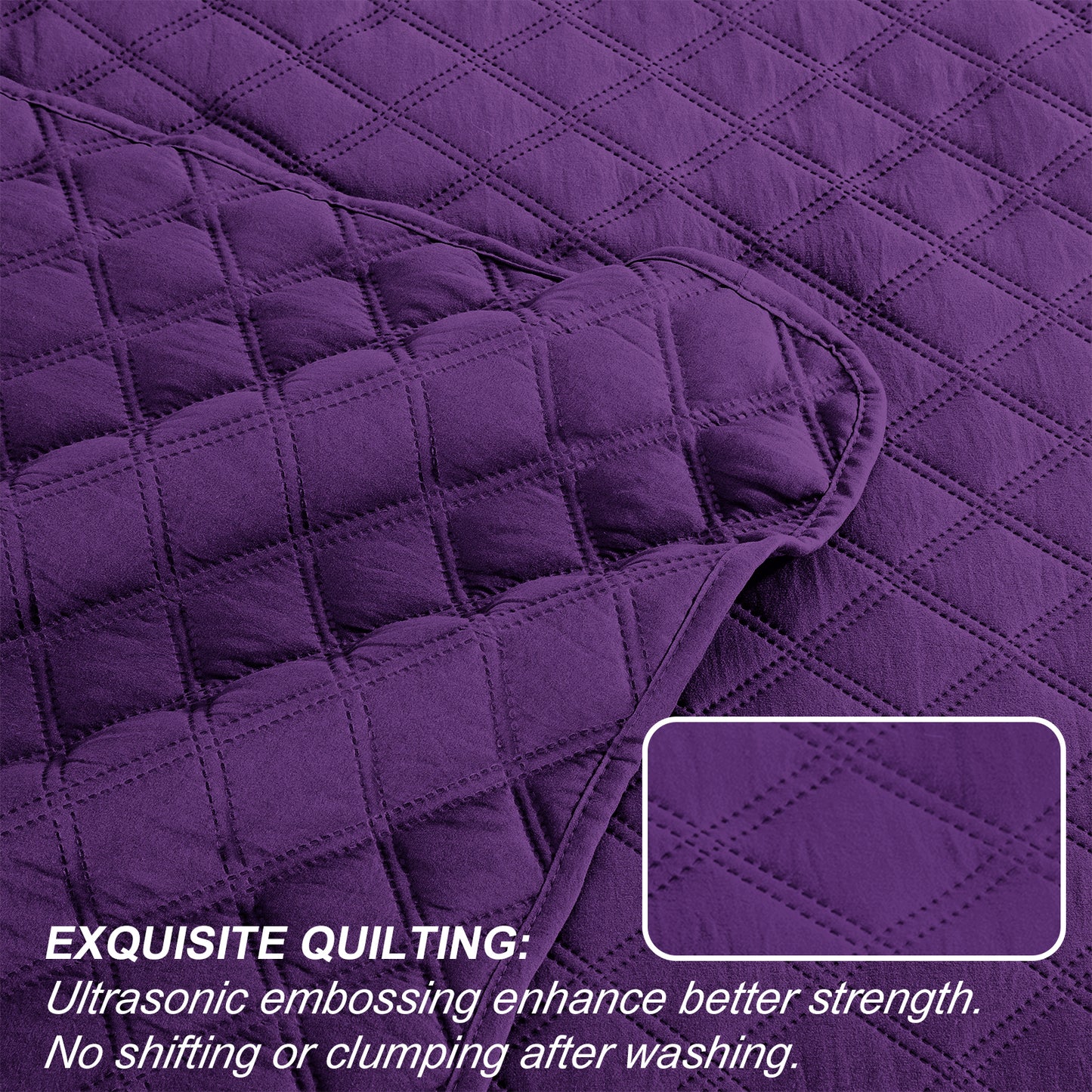 Exclusivo Mezcla 2-Piece Deep Purple Twin Size Quilt Set, Box Pattern Ultrasonic Lightweight and Soft Quilts/Bedspreads/Coverlets/Bedding Set (1 Quilt, 1 Pillow Sham) for All Seasons
