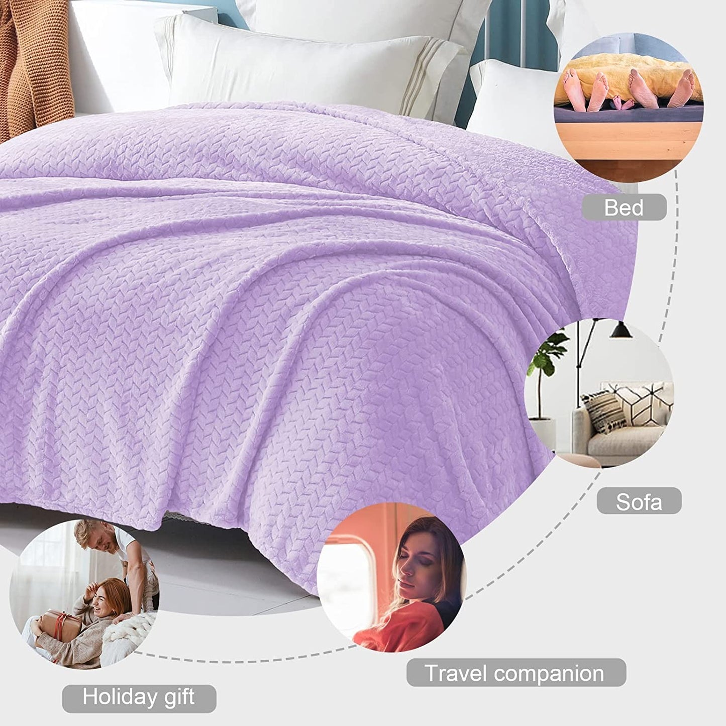 Exclusivo Mezcla Twin Size Flannel Fleece Blanket, 90x66 Inches Soft Jacquard Weave Leaves Pattern Velvet Plush Blanket for Bed, Cozy, Warm, Lightweight and Decorative Lilac Purple Blanket