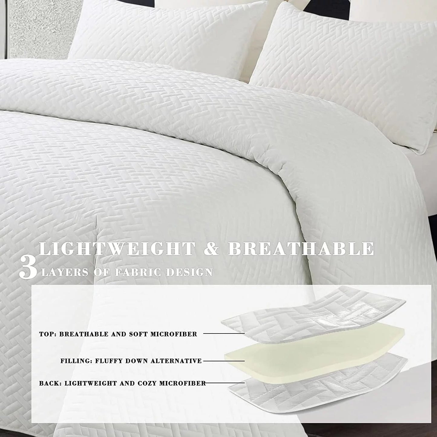Exclusivo Mezcla 3-Piece King Size Quilt Set with Pillow Shams, Basket Quilted Bedspread/Coverlet/Bed Cover(96x104 inches, White)-Soft, Lightweight and Reversible