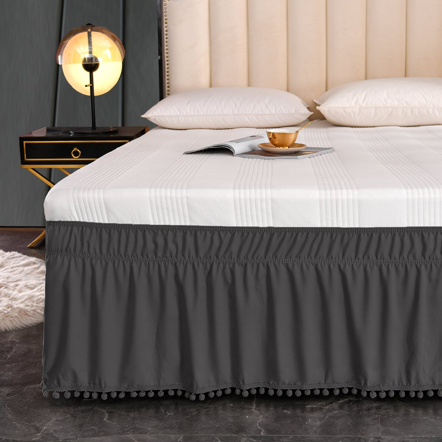 Exclusivo Mezcla Pom Pom Bed Skirt with Adjustable Elastic Belt, Easy Wrap Around Dust Ruffles with 16 Inch Tailored Drop, Wrinkle and Fade Resistant, (Full, Grey)