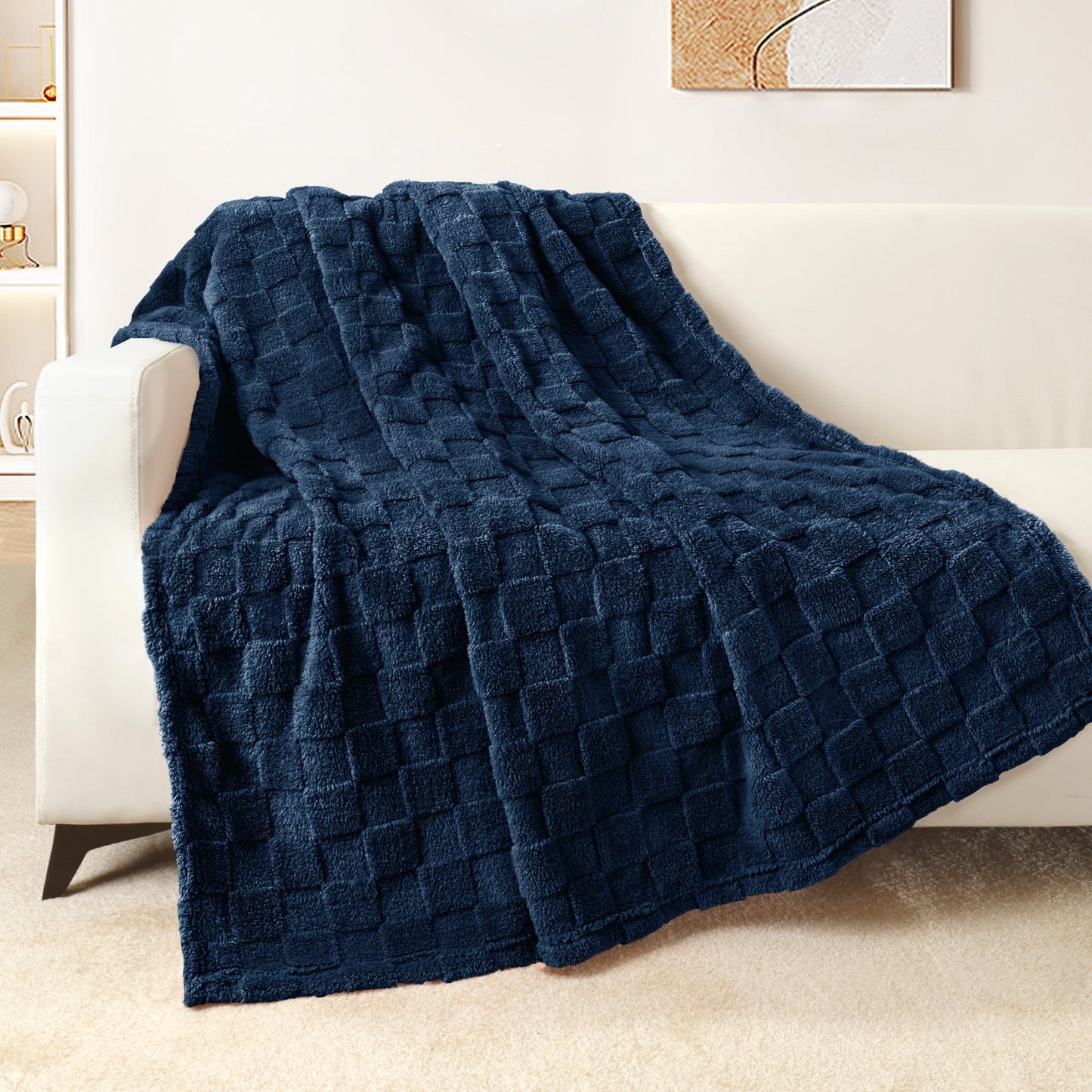 Exclusivo Mezcla Fleece Throw Blanket for Couch, Super Soft 3D Checkered Jacquard Bed Blanket, Cozy Fluffy Lightweight Blanket for All Seasons, 50x60 Inches, Navy Blue Blanket