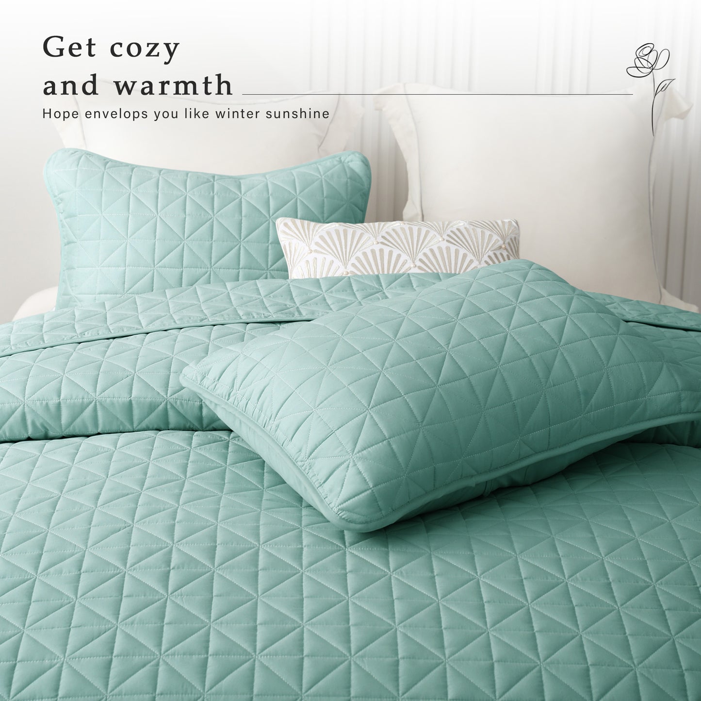Exclusivo Mezcla Queen Quilt Bedding Set for All Seasons, Lightweight Soft Green Quilts Queen Size Bedspreads Coverlets Bed Cover with Geometric Stitched Pattern, (1 Quilt, 2 Pillow Shams)