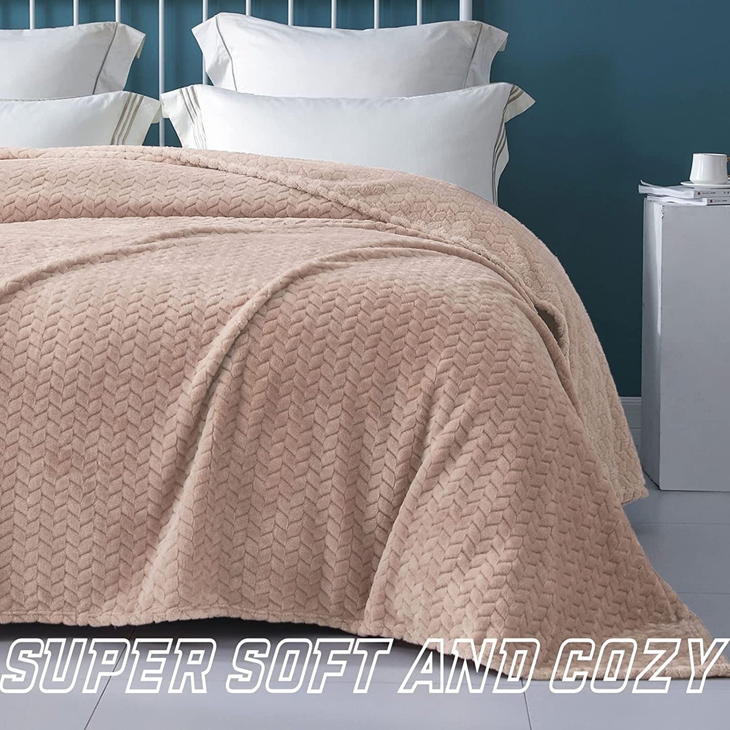 Exclusivo Mezcla Queen Size Flannel Fleece Blanket, 90x90 Inches Soft Jacquard Weave Leaves Pattern Velvet Plush Blanket for Bed, Cozy, Warm, Lightweight and Decorative Camel Blanket