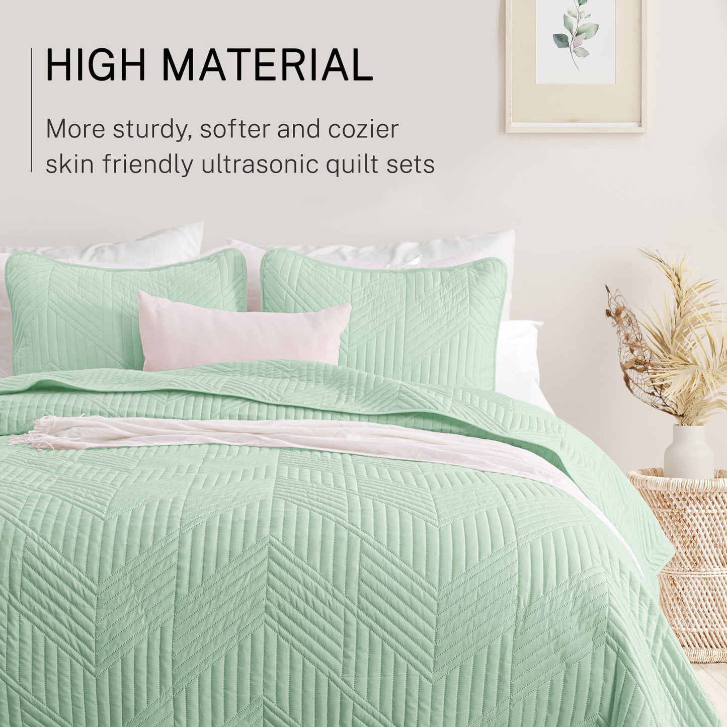 Exclusivo Mezcla Ultrasonic Full Queen Quilt Bedding Set, Lightweight Sage Green Bedspreads Soft Modern Geometric Coverlet Set for All Seasons (1 Quilt and 2 Pillow Shams)