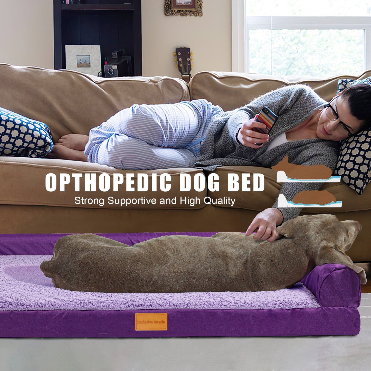 Exclusivo Mezcla Orthopedic Pet Bed for Extra Large Dogs 56"X40", L Shaped Waterproof Dog Beds with Removable Washable Cover, Purple