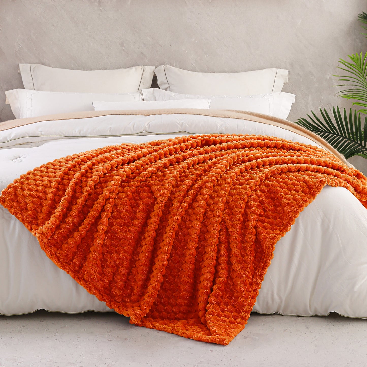 Exclusivo Mezcla King Size Soft Fleece Blanket, 90x104 Inches 3D Clouds Stylish Jacquard Velvet Blanket for Bed, Cozy Soft Lightweight for All Season, Burnt Orange Blanket