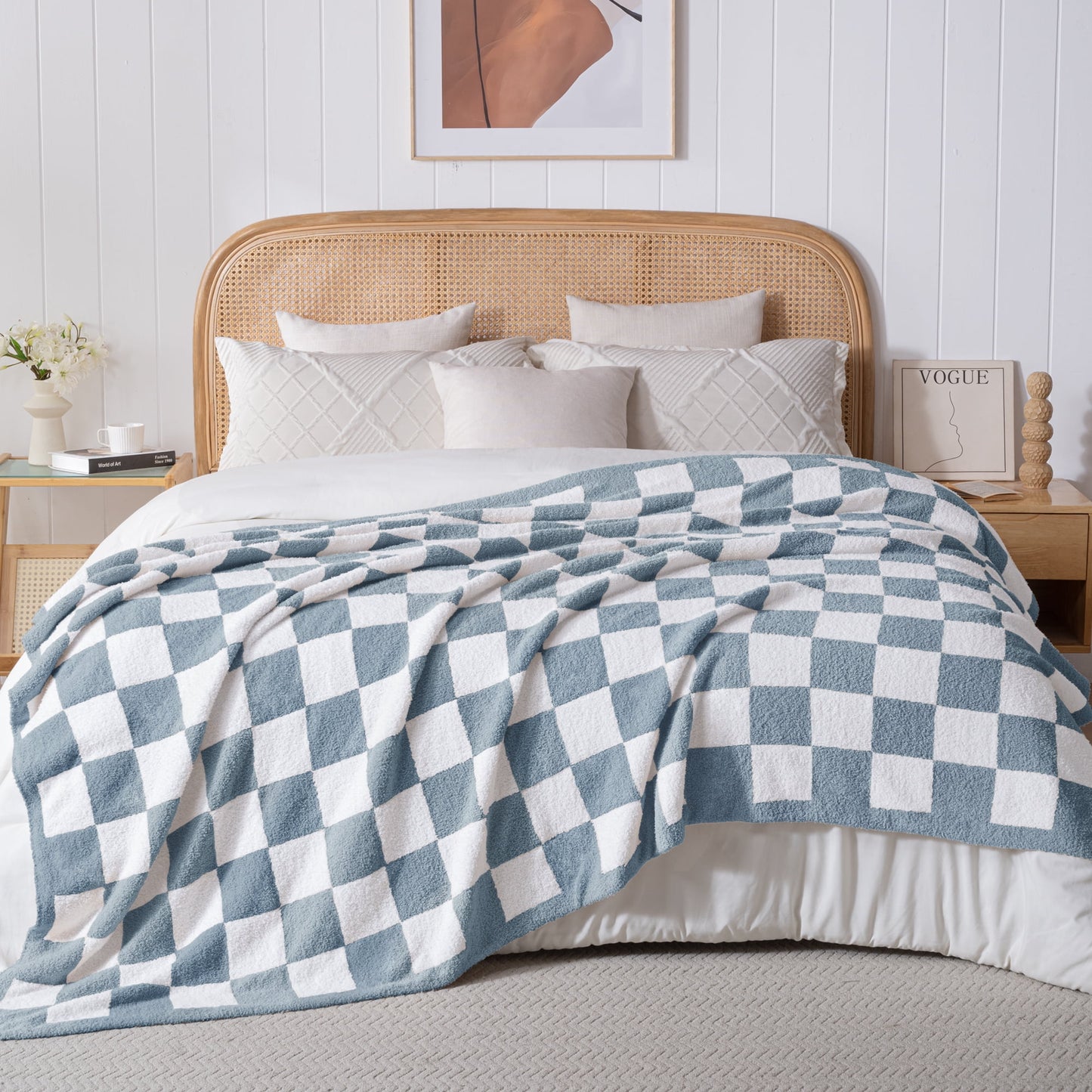 Exclusivo Mezcla Checkered Knit Blanket for Bed Twin Size, Ultra Soft Cozy Fluffy Blanket, Lightweight Fuzzy Throw for Couch and Bed, Stone Blue, 60"x80"