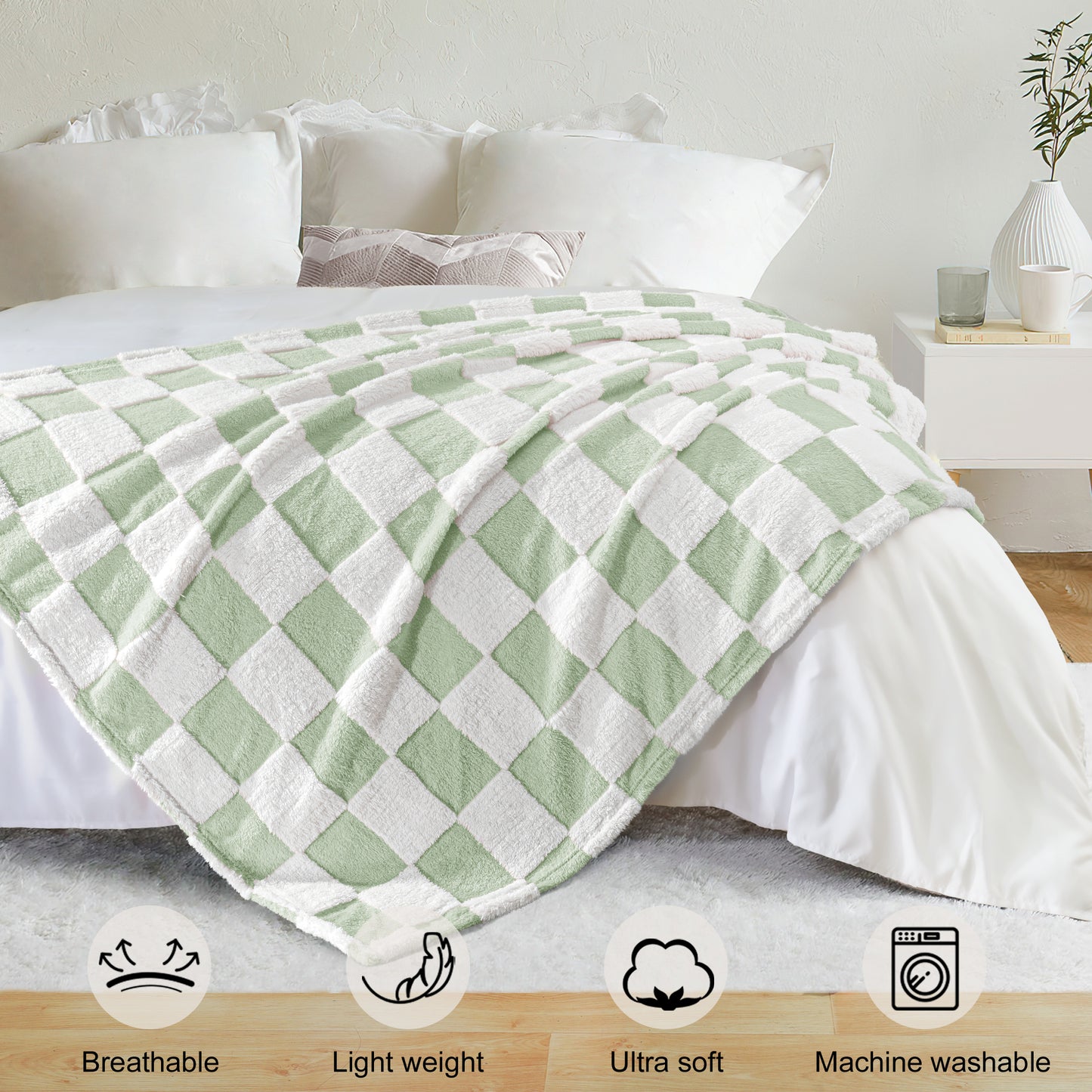 Exclusivo Mezcla Checkered Throw Blanket, Super Soft and Warm Fluffy Fleece Blanket for Couch, Sofa, Bed, Cute Plaid Pattern, Sage Green, 50" x 60"