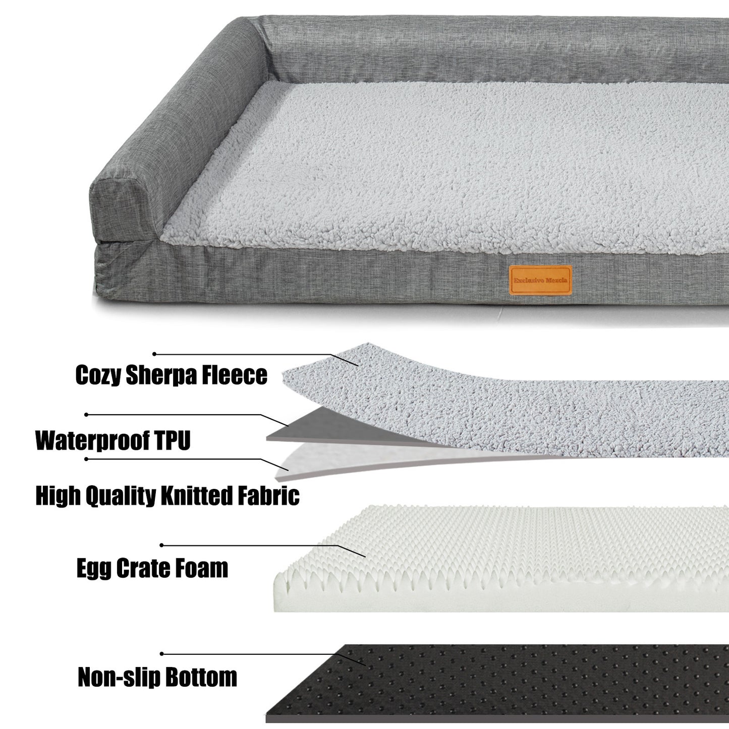 Exclusivo Mezcla Orthopedic XXL Dog Bed for Extra Large Dogs 48''X30'', L Shaped with Removable Washable Cover, Waterproof Supportive Foam Pet Couch Bed Mat, Grey