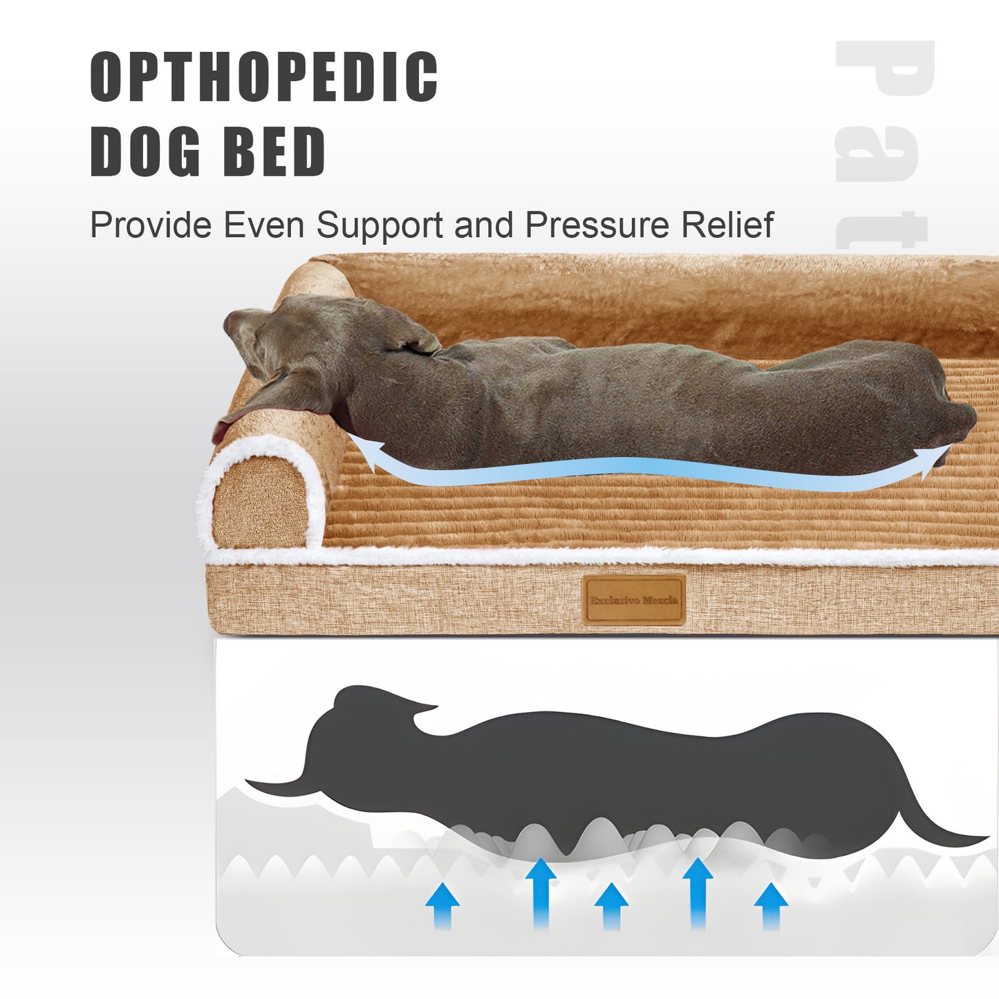 Exclusivo Mezcla Orthopedic Pet Bed for Medium Dogs, 36"X24" Waterproof L Shaped Sofa Dog Bed, Brown