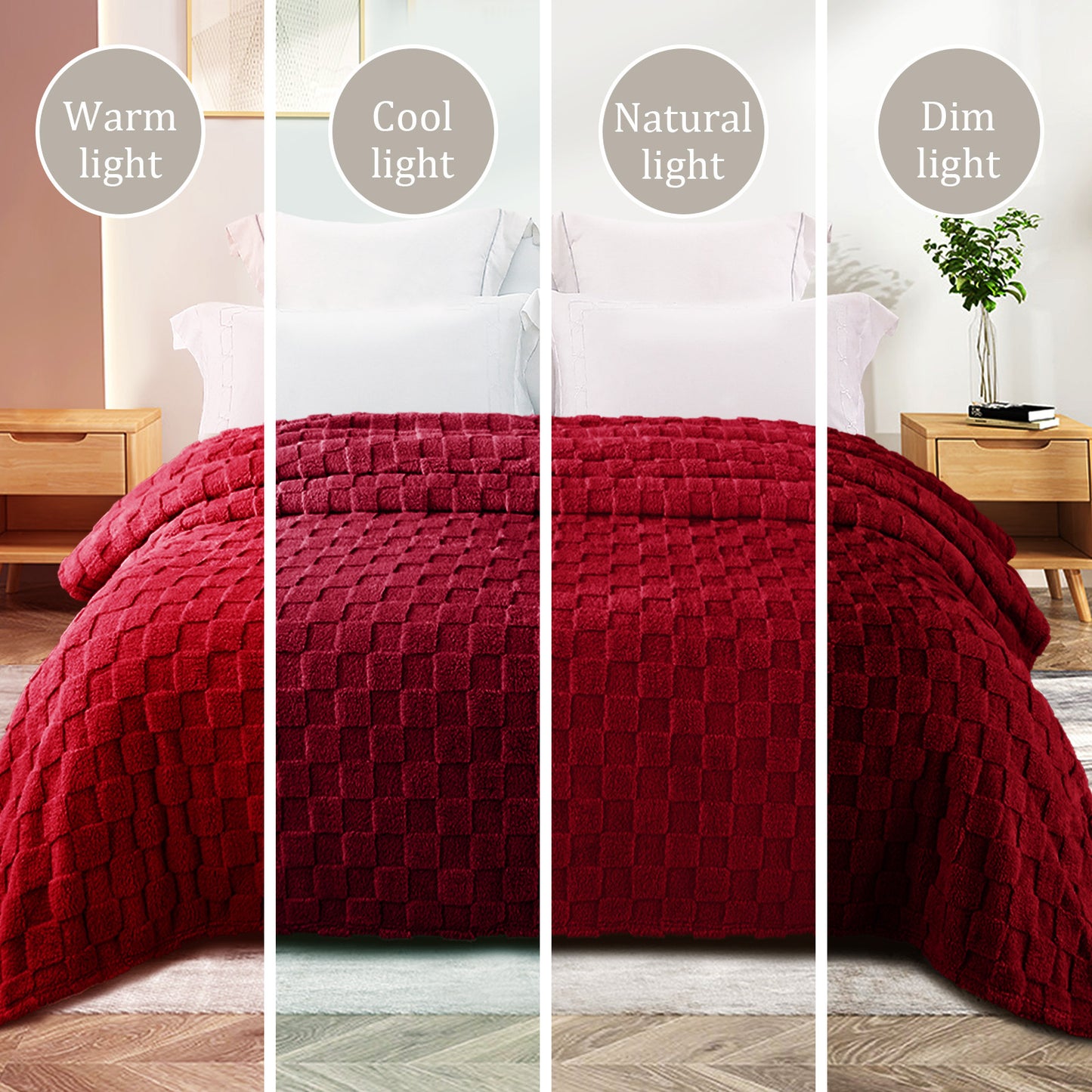 Exclusivo Mezcla Fleece Throw Blanket for Couch, Super Soft 3D Checkered Jacquard Bed Blanket, Cozy Fluffy Lightweight Blanket for All Seasons, 50x60 Inches, Deep Red Blanket