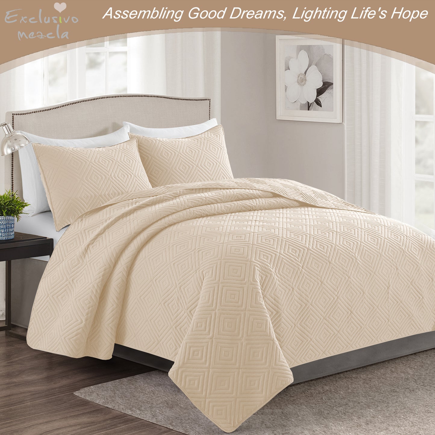 Exclusivo Mezcla 3-Piece Bone King Size Quilt Set, Square Pattern Ultrasonic Lightweight and Soft Quilts/Bedspreads/Coverlets/Bedding Set (1 Quilt, 2 Pillow Shams) for All Seasons