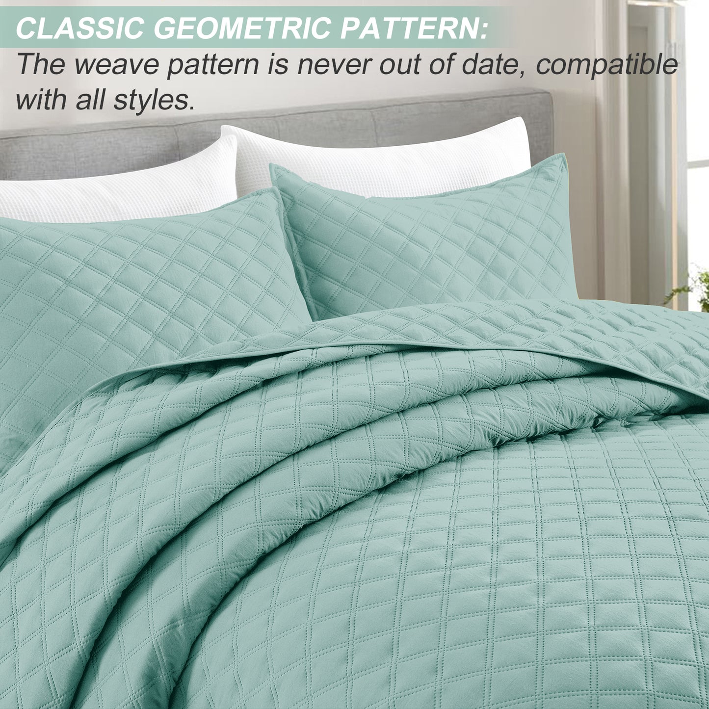 Exclusivo Mezcla 2-Piece Aqua Twin Size Quilt Set, Box Pattern Ultrasonic Lightweight and Soft Quilts/Bedspreads/Coverlets/Bedding Set (1 Quilt, 1 Pillow Sham) for All Seasons