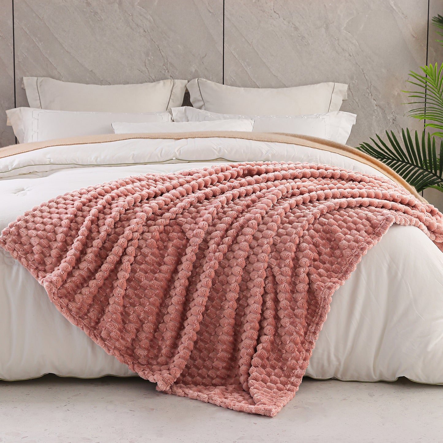 Exclusivo Mezcla Queen Size Flannel Fleece Blanket, 90x90 Inches Stylish Jacquard Velvet Plush Blanket for Bed, Cozy, Warm, Lightweight and Decorative Dusty Pink Blanket