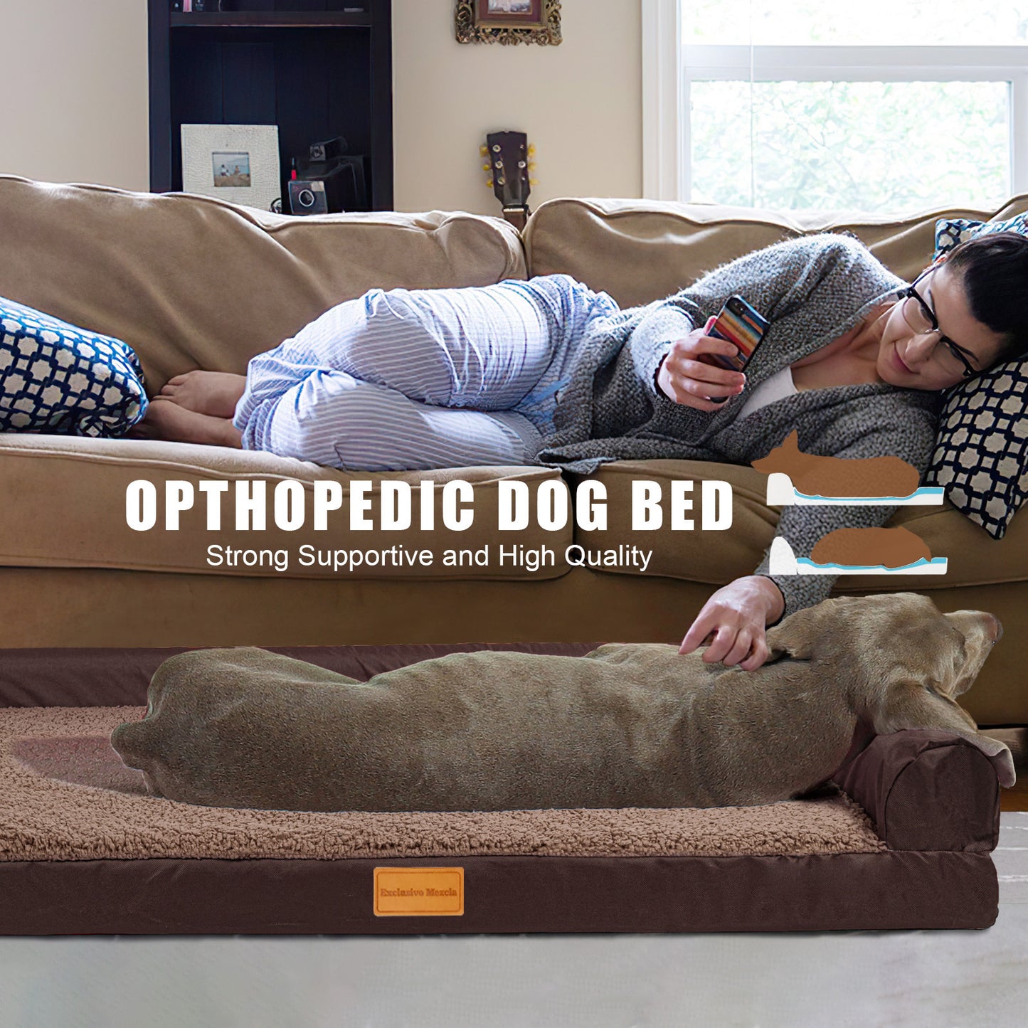 Exclusivo Mezcla Orthopedic XL Dog Bed for Large Dogs 42''X28'', L Shaped with Removable Washable Cover, Waterproof Supportive Foam Pet Couch Bed Mat, Brown