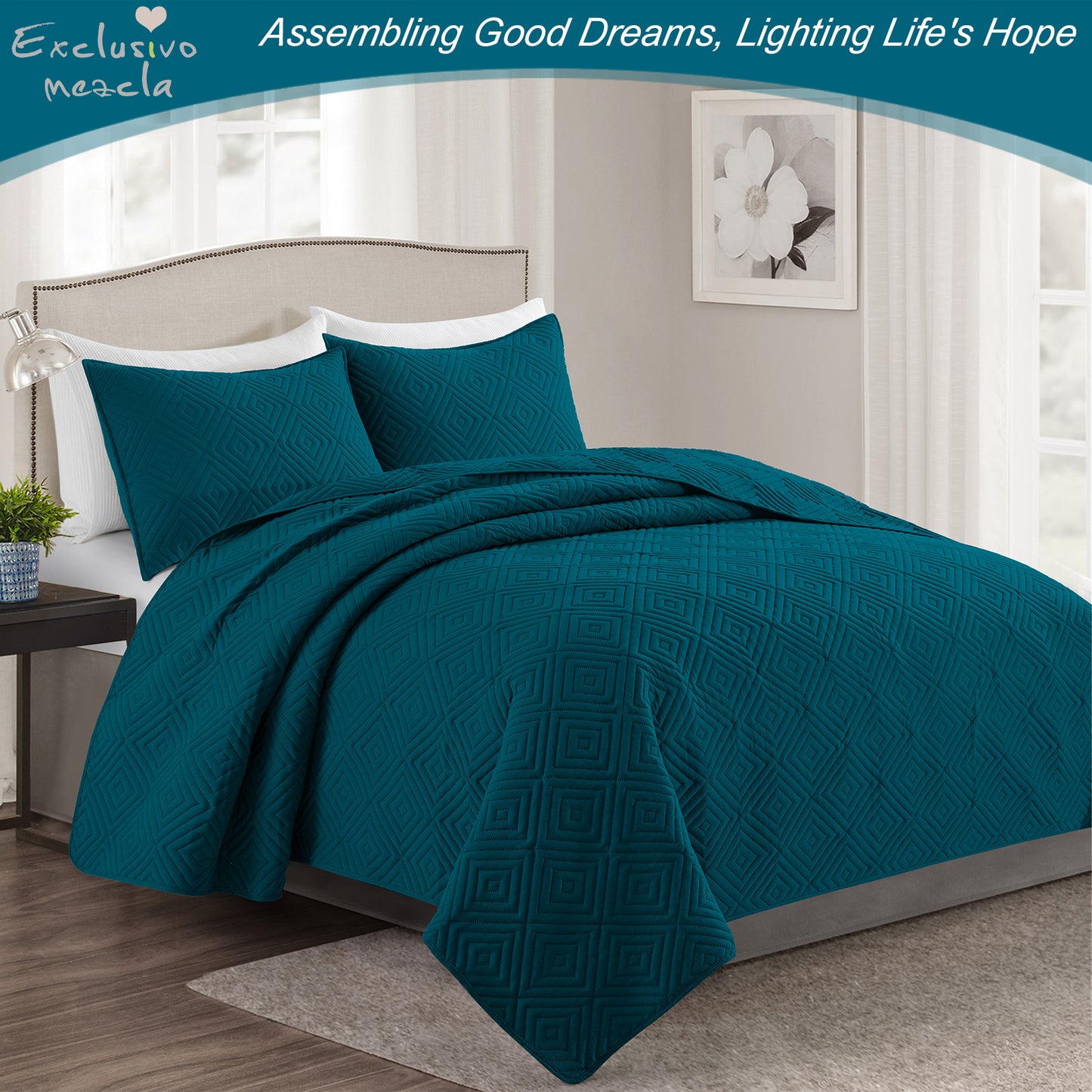 Exclusivo Mezcla 3-Piece Navy blue King Size Quilt Set, Square Pattern Ultrasonic Lightweight and Soft Quilts/Bedspreads/Coverlets/Bedding Set (1 Quilt, 2 Pillow Shams) for All Seasons