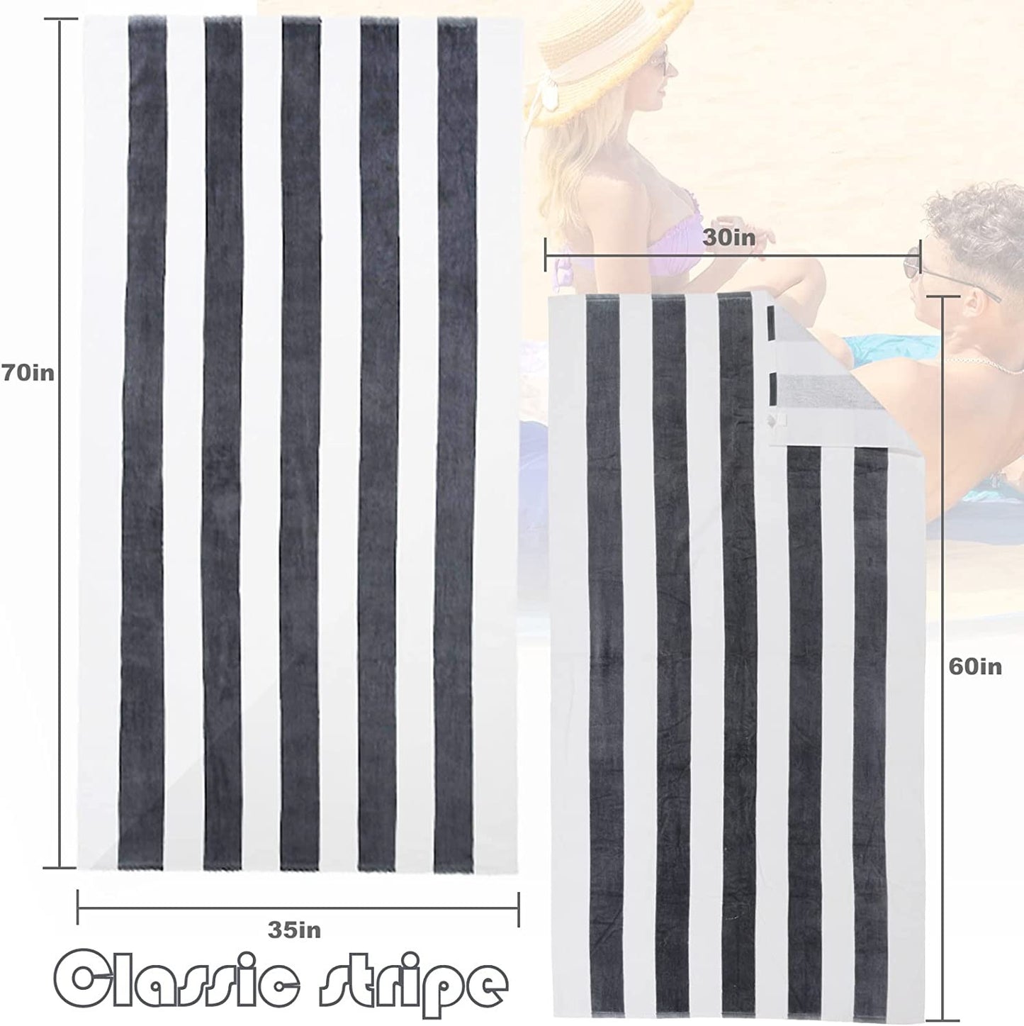 Exclusivo Mezcla 4-Pack Cotton Large Cabana Stripe Beach Towels, Super Absorbent Soft Plush Pool Towel, Bath Towel (Charcoal Grey, 30"x60")