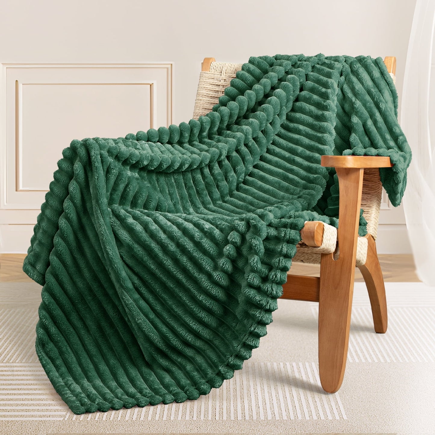 Exclusivo Mezcla Fleece Throw Blanket for Couch, Super Soft 3D Striped Jacquard Bed Blanket, Lightweight Fuzzy Cozy Blankets for All Seasons, 50x60 Inches, Forest Green Blanket