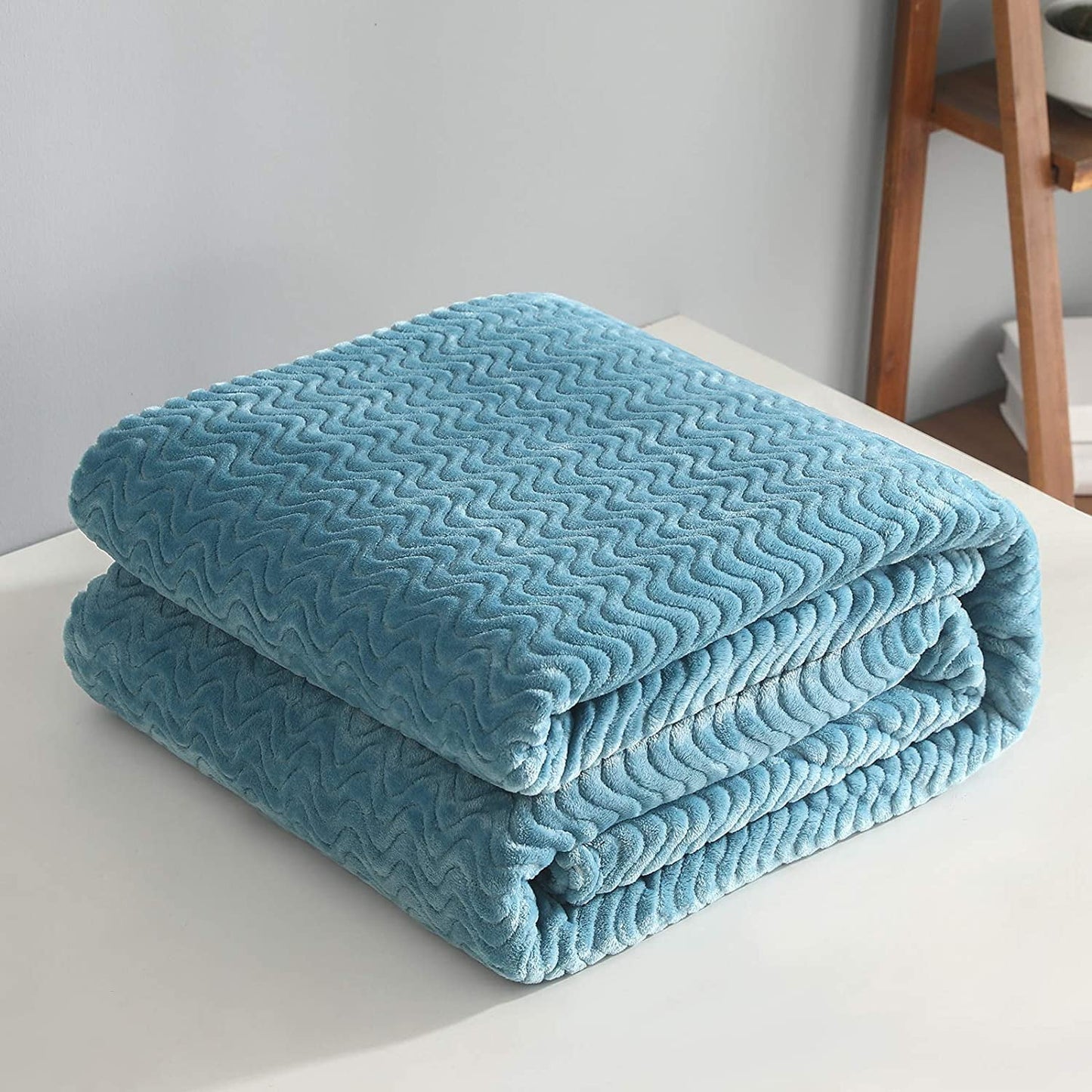 Exclusivo Mezcla Queen Size Jacquard Weave Wave Pattern Flannel Fleece Velvet Plush Bed Blanket as Bedspread/Coverlet/Bed Cover (90" x 90", Slate Blue) - Soft, Lightweight, Warm and Cozy