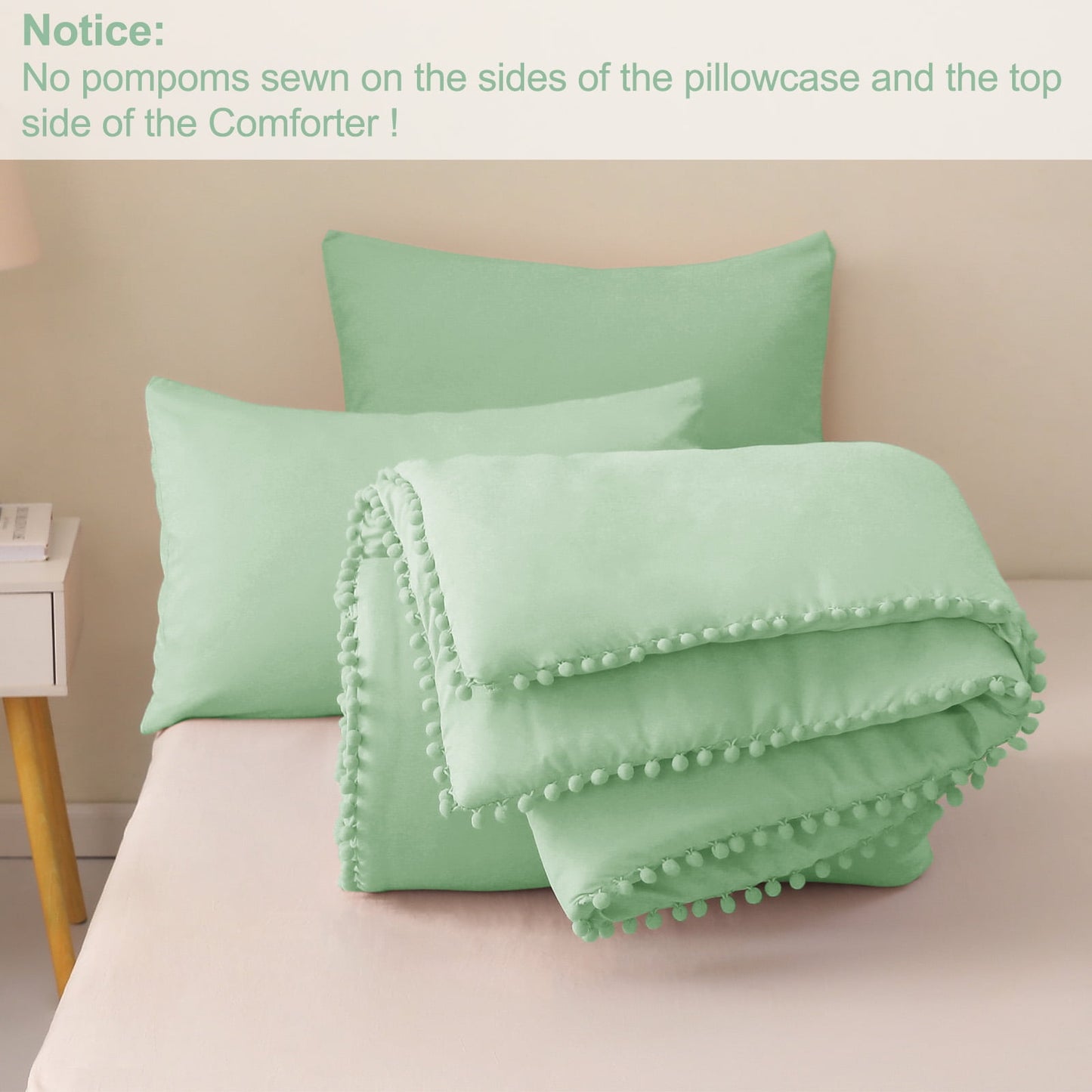 Exclusivo Mezcla Boho Pom Pom Ball Fringe Twin Comforter Set, 2 Piece Sage Green Lightweight Down Alternative Bedding Comforter Sets for All Seasons (1 Comforter and 1 Pillowcase)