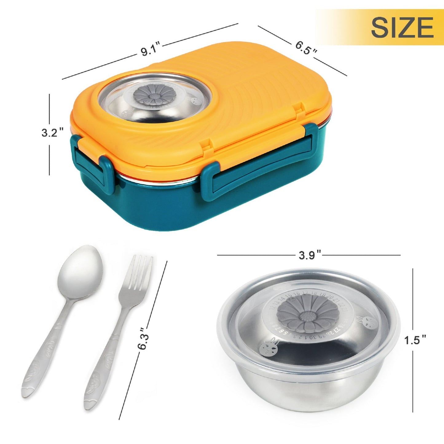 Exclusivo Mezcla Stainless Steel Bento Lunch Box for Kids and Adults,Stackable BPA-Free Food Containers with 3 Compartments and Reusable Sauce Bowl, Fork and Spoon, (1000ml/34oz, Yellow)
