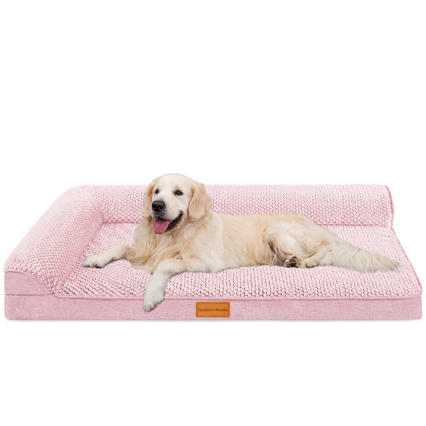 Exclusivo Mezcla Jacquard Orthopedic Pet Bed for Median Dogs, 36"X24" Waterproof L Shaped Dog Bed with Washable Cover, Pink