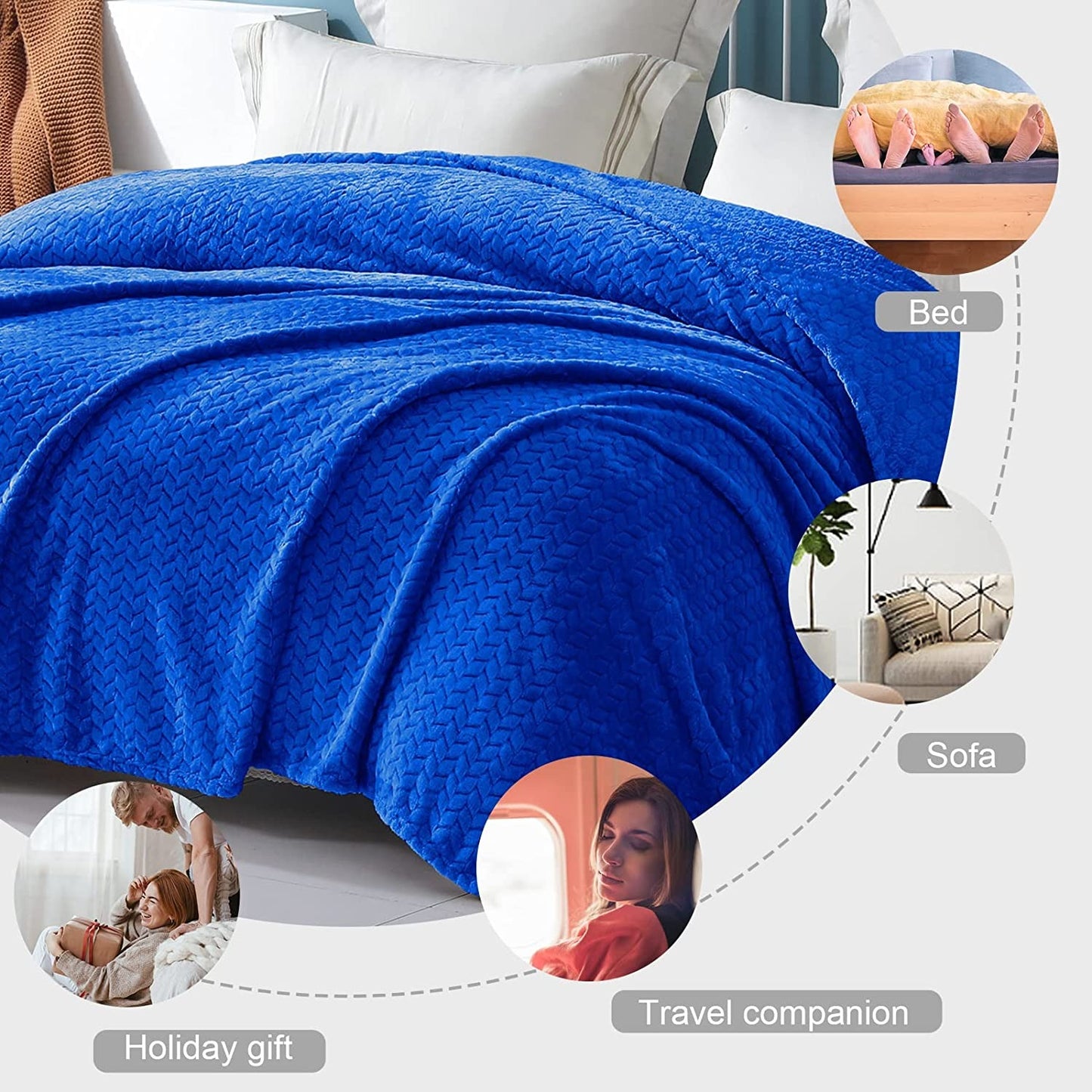 Exclusivo Mezcla King Size Flannel Fleece Blanket, 90x104 Inches Soft Jacquard Weave Leaves Pattern Velvet Plush Blanket for Bed, Cozy, Warm, Lightweight and Decorative Cobalt Blue Blanket