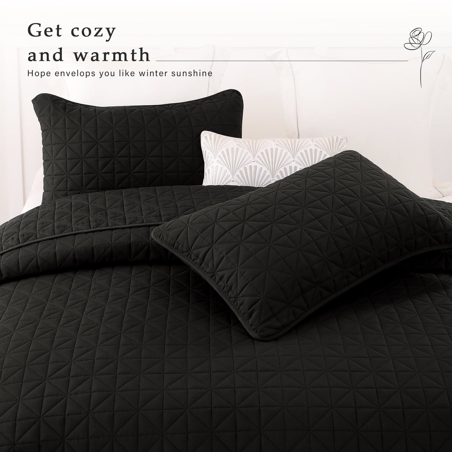 Exclusivo Mezcla King Size Quilt Bedding Set for All Seasons, Lightweight Soft Black Quilts King Size Bedspreads Coverlets Bed Cover with Geometric Stitched Pattern, (1 Quilt, 2 Pillow Shams)