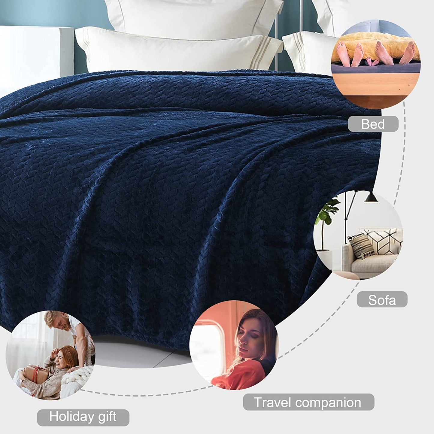 Exclusivo Mezcla King Size Jacquard Weave Leaves Pattern Flannel Fleece Velvet Plush Bed Blanket for Couch Bed Sofa (90" x 104", Navy Blue) - Soft, Lightweight, Warm and Cozy