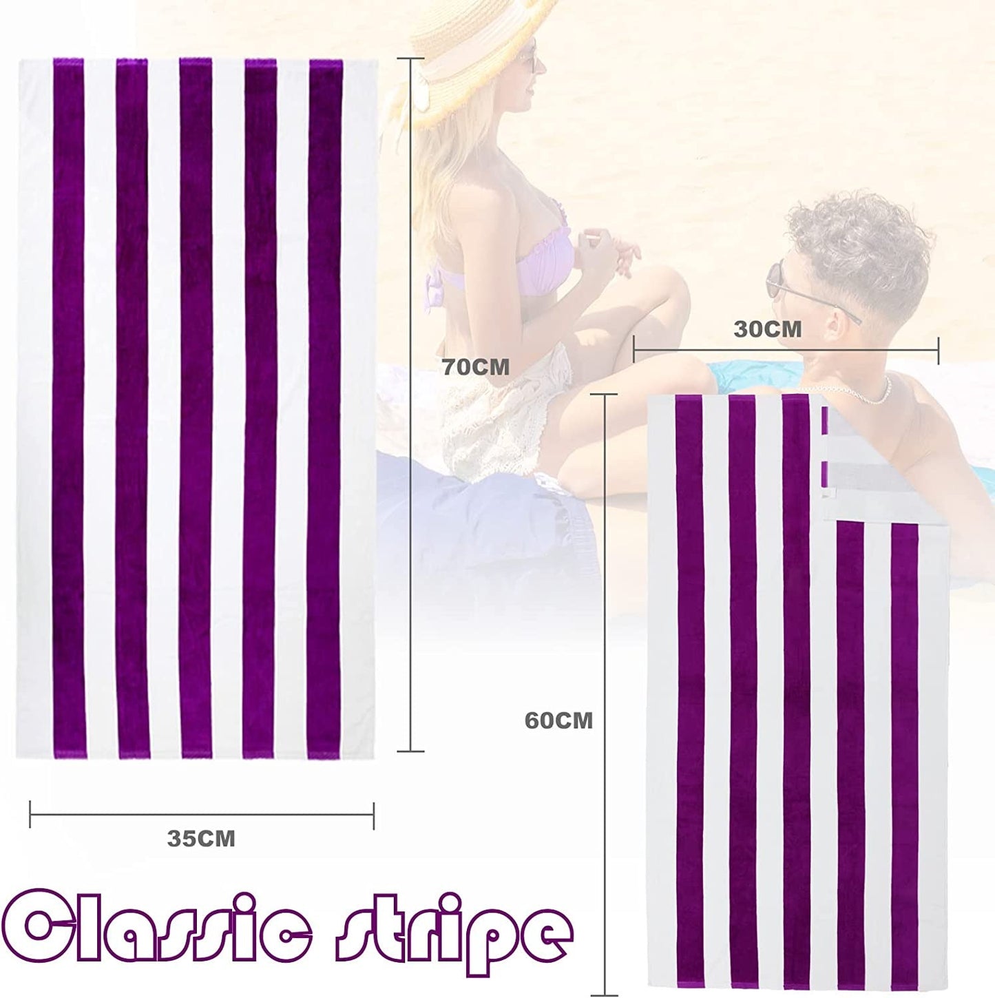 Exclusivo Mezcla 2-Pack 100% Cotton Oversized 35"x70" Cabana Stripe Beach Towels, Super Absorbent Soft Plush Pool Towel, Bath Towel (Purple)
