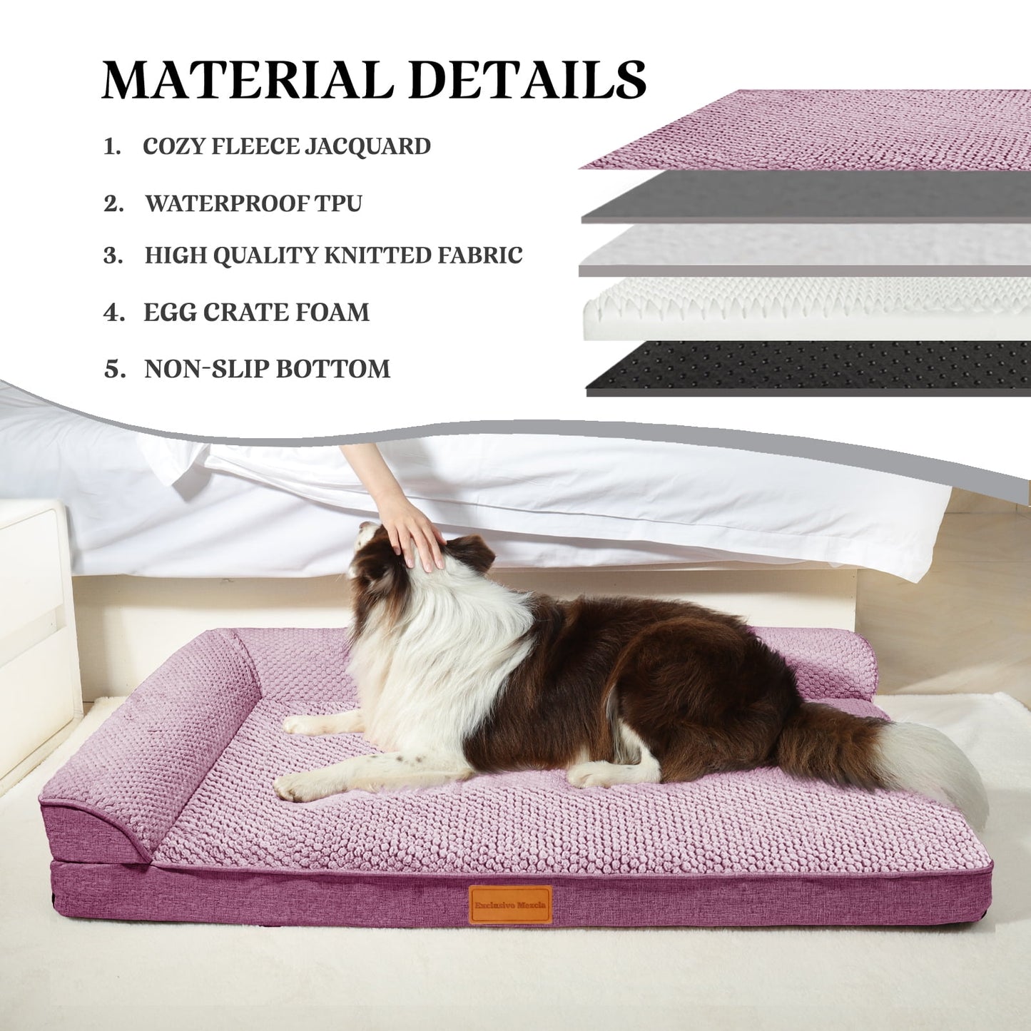 Exclusivo Mezcla Jacquard Orthopedic Pet Bed for Large Dogs, 42"X28" Waterproof L Shaped Dog Bed with Washable Cover, Purple