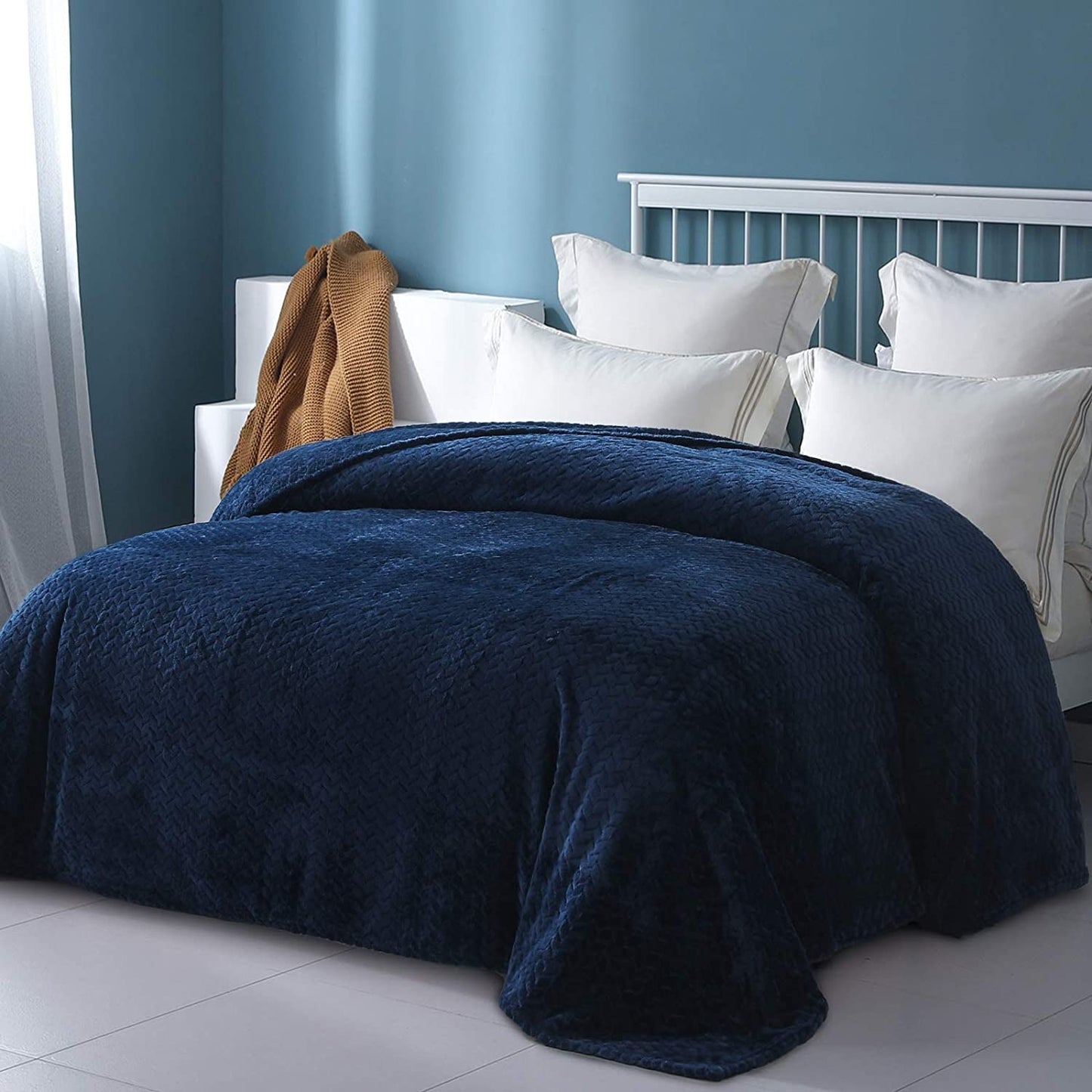 Exclusivo Mezcla King Size Jacquard Weave Leaves Pattern Flannel Fleece Velvet Plush Bed Blanket for Couch Bed Sofa (90" x 104", Navy Blue) - Soft, Lightweight, Warm and Cozy