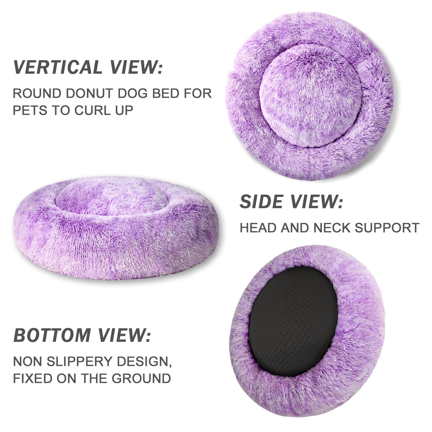 Exclusivo Mezcla Calming Donut Pet Bed for Medium Dogs 24", Anti-Anxiety Plush Cozy Warming Dog Bed, Gradient Purple