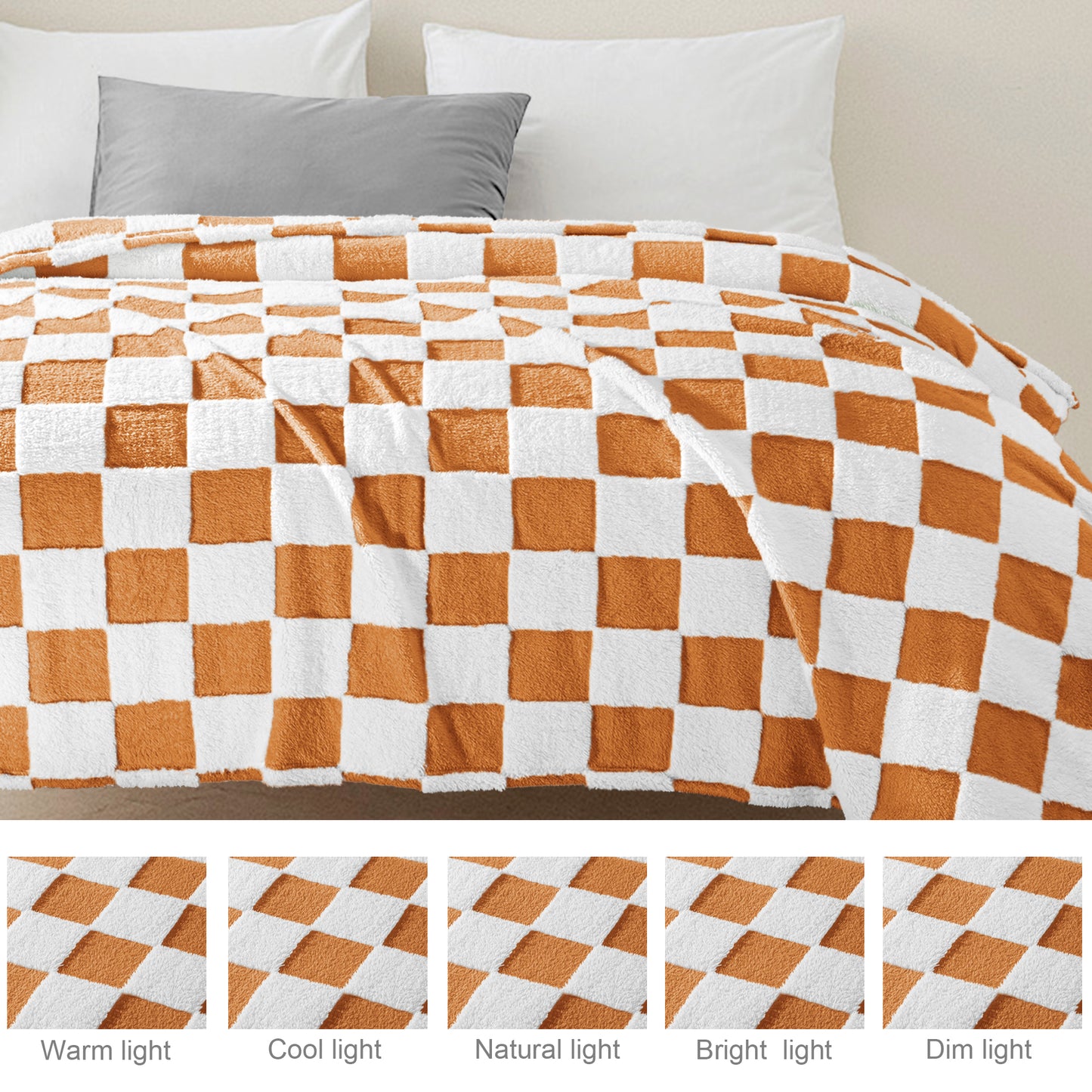 Exclusivo Mezcla Fleece Blanket Queen, Cozy Lightweight Fuzzy Checkered Blanket for Bed, Suitable for All Season, Coral Orange, 90" x 90"