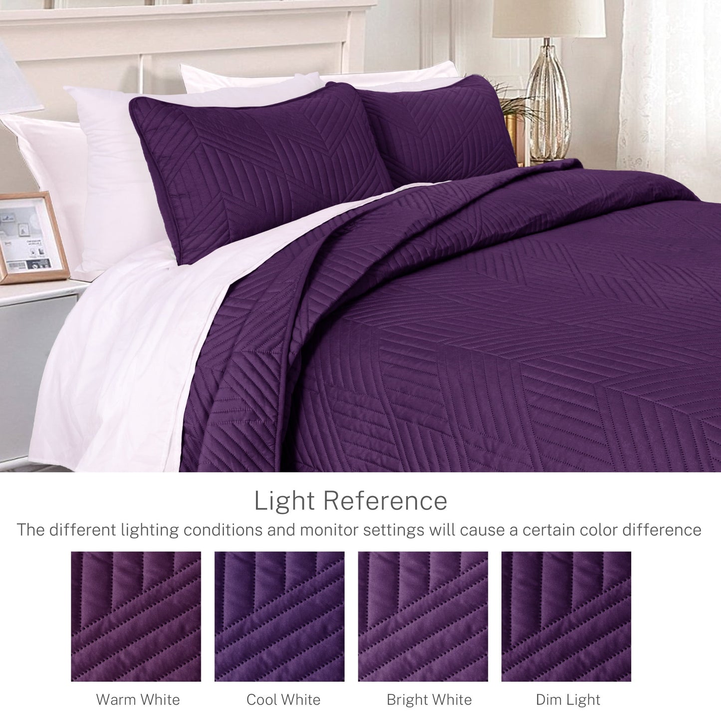 Exclusivo Mezcla Ultrasonic King Quilt Bedding Set, Lightweight Deep Purple Bedspreads Soft Modern Geometric Coverlet Set for All Seasons (1 Quilt and 2 Pillow Shams)