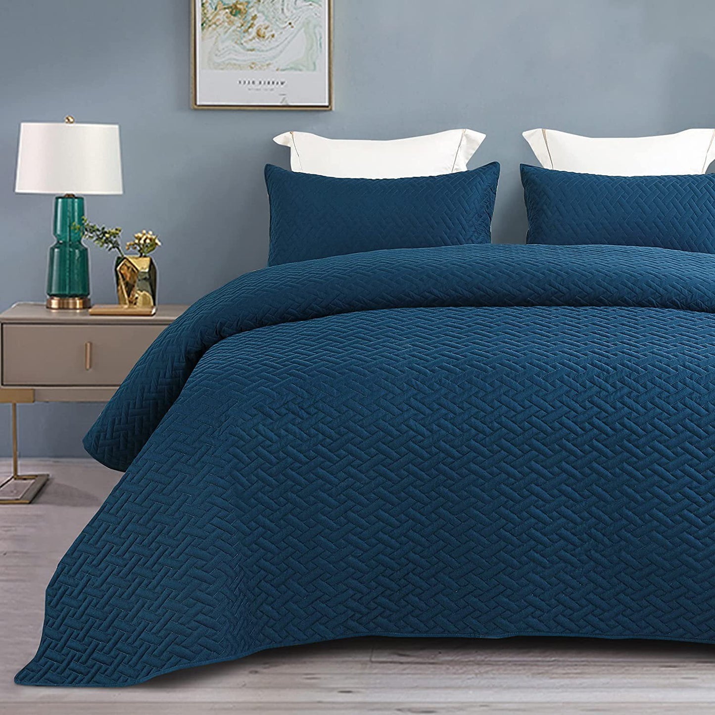 Exclusivo Mezcla 3-Piece King Size Quilt Set with Pillow Shams, Basket Quilted Bedspread/Coverlet/Bed Cover(96x104 inches, Dark Blue)-Soft, Lightweight and Reversible