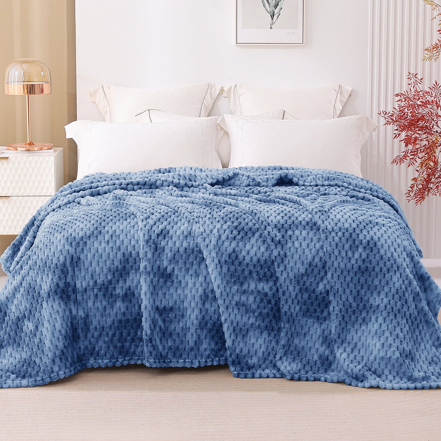 Exclusivo Mezcla King Size Flannel Fleece Blanket, 90x104 Inches Stylish Jacquard Velvet Plush Blanket for Bed, Cozy, Warm, Lightweight and Decorative Stone Blue Blanket