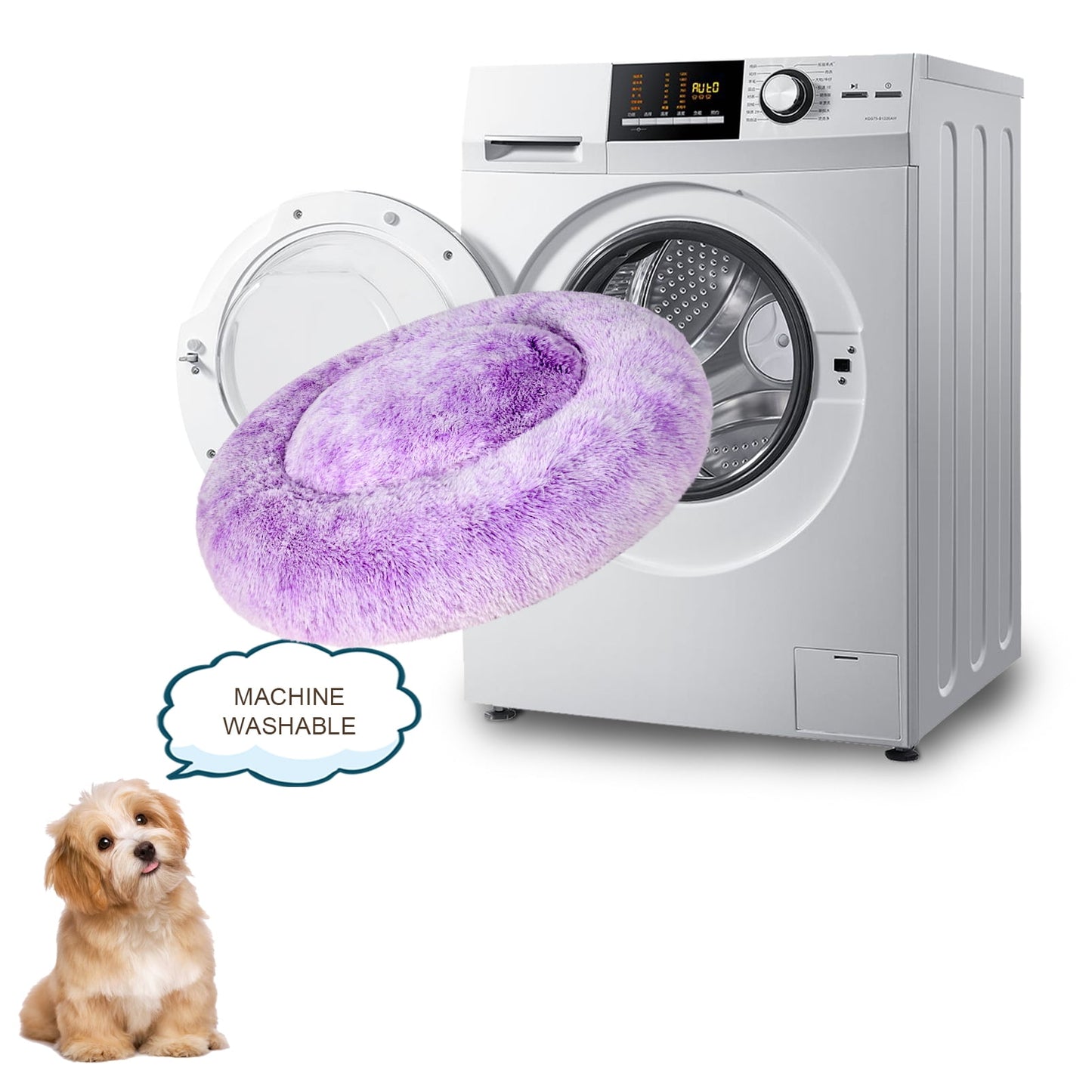 Exclusivo Mezcla Calming Donut Pet Bed for Large Dogs 36", Anti-Anxiety Plush Cozy Warming Dog Bed, Gradient Purple