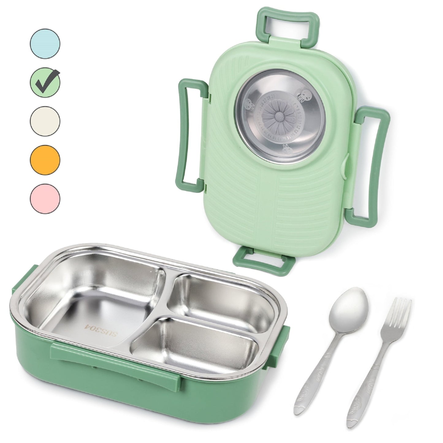 Exclusivo Mezcla Stainless Steel Bento Lunch Box for Kids and Adults,Stackable BPA-Free Food Containers with 3 Compartments and Reusable Sauce Bowl, Fork and Spoon, (1000ml/34oz, Green)