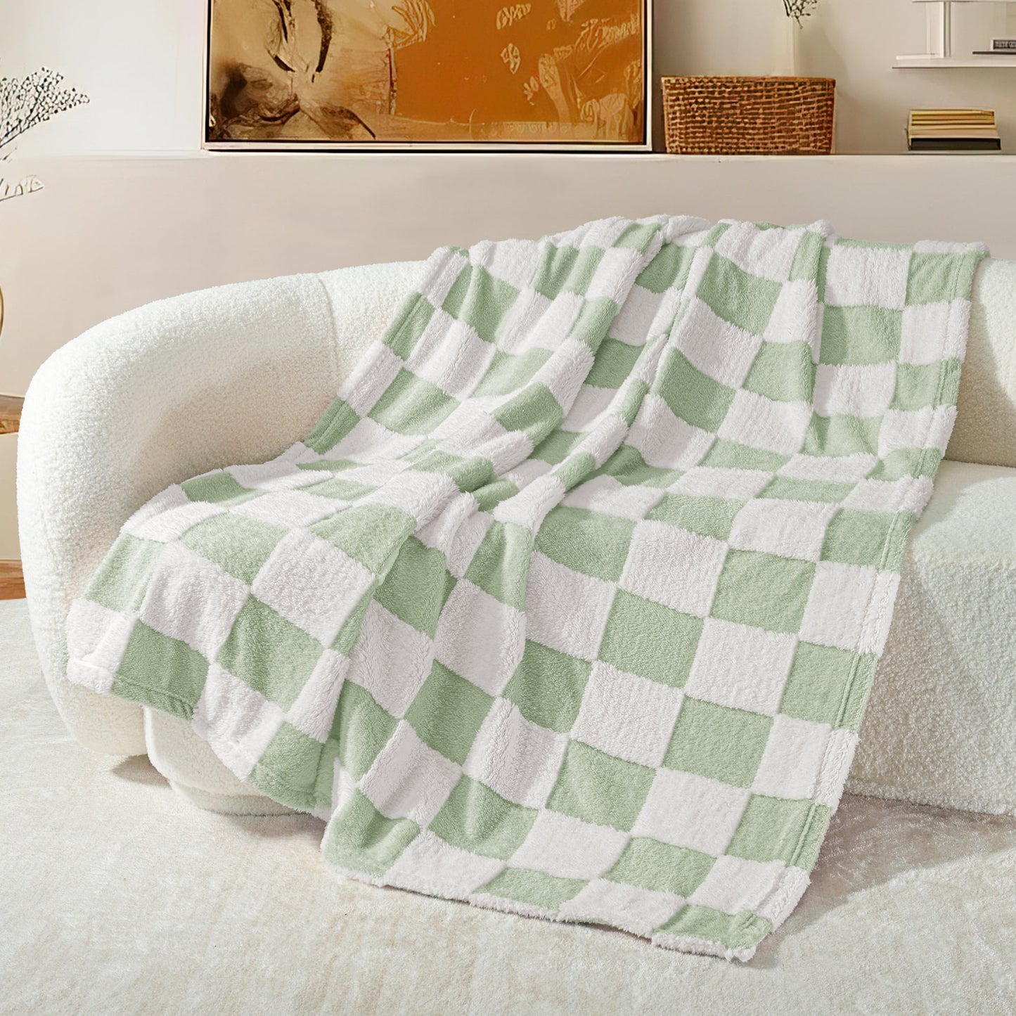 Exclusivo Mezcla Checkered Throw Blanket, Super Soft and Warm Fluffy Fleece Blanket for Couch, Sofa, Bed, Cute Plaid Pattern, Sage Green, 50" x 60"