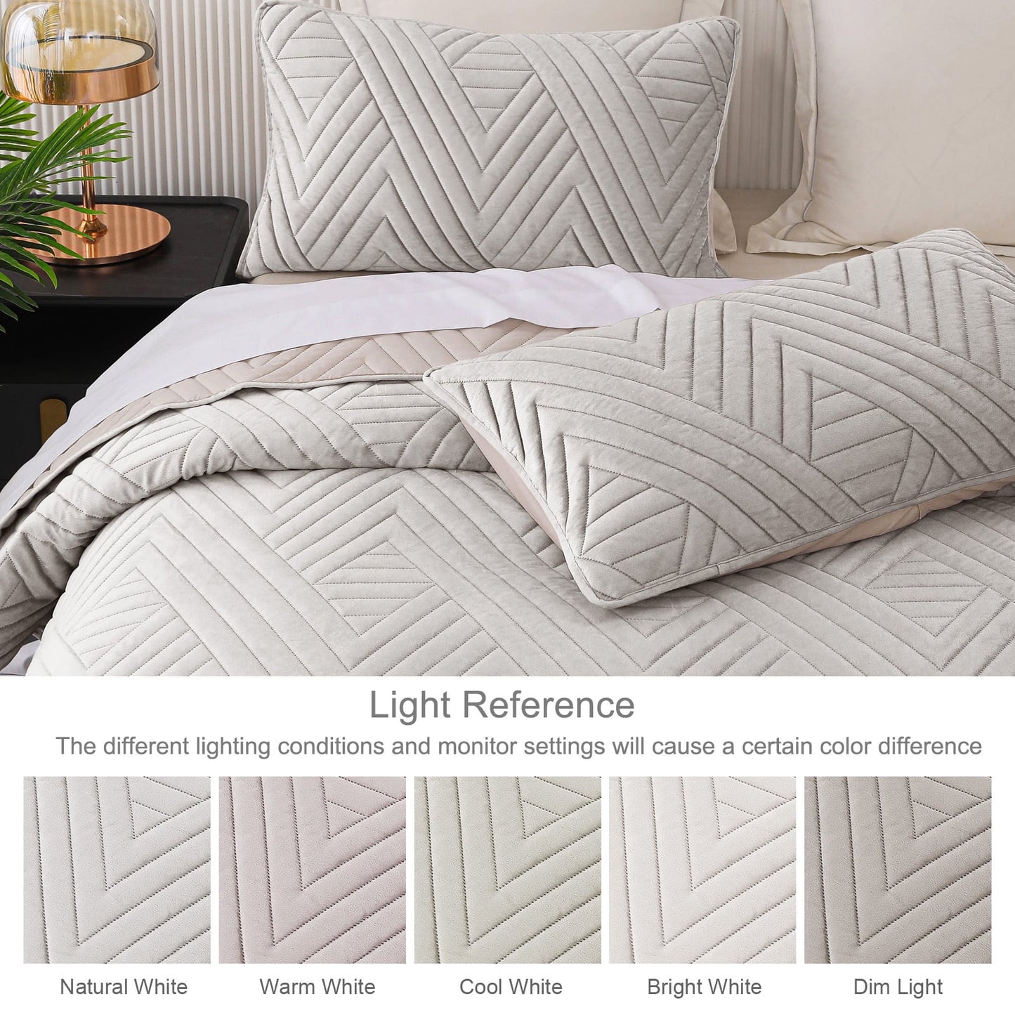 Exclusivo Mezcla Super Plush Velvet Quilt King Size with Pillow Shams, Luxury Soft Reversible 3 Piece Bedspreads Coverlet Comforter set for all seasons, Lightweight and Warm, Light Grey